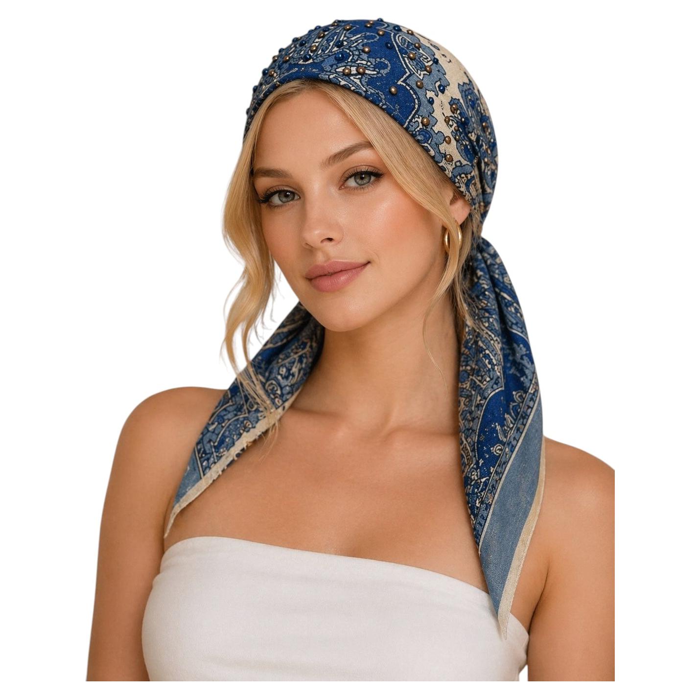 MC Blue Multi Cotton Voile with Woven Lurex Elastic Head Scarf For Sale