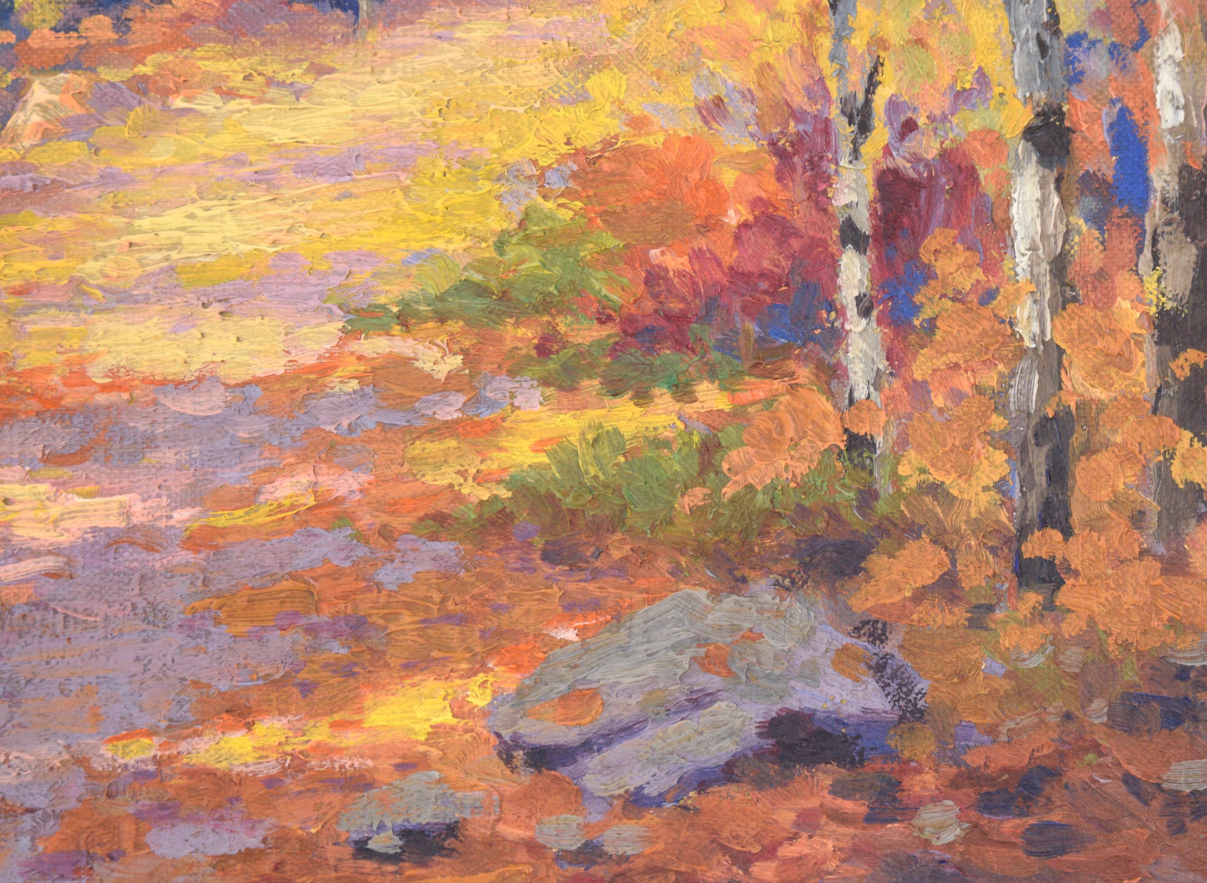 Feuilles tombées sur le chemin à Estes Park, Colorado - Paysage d'automne 1940 en vente 5