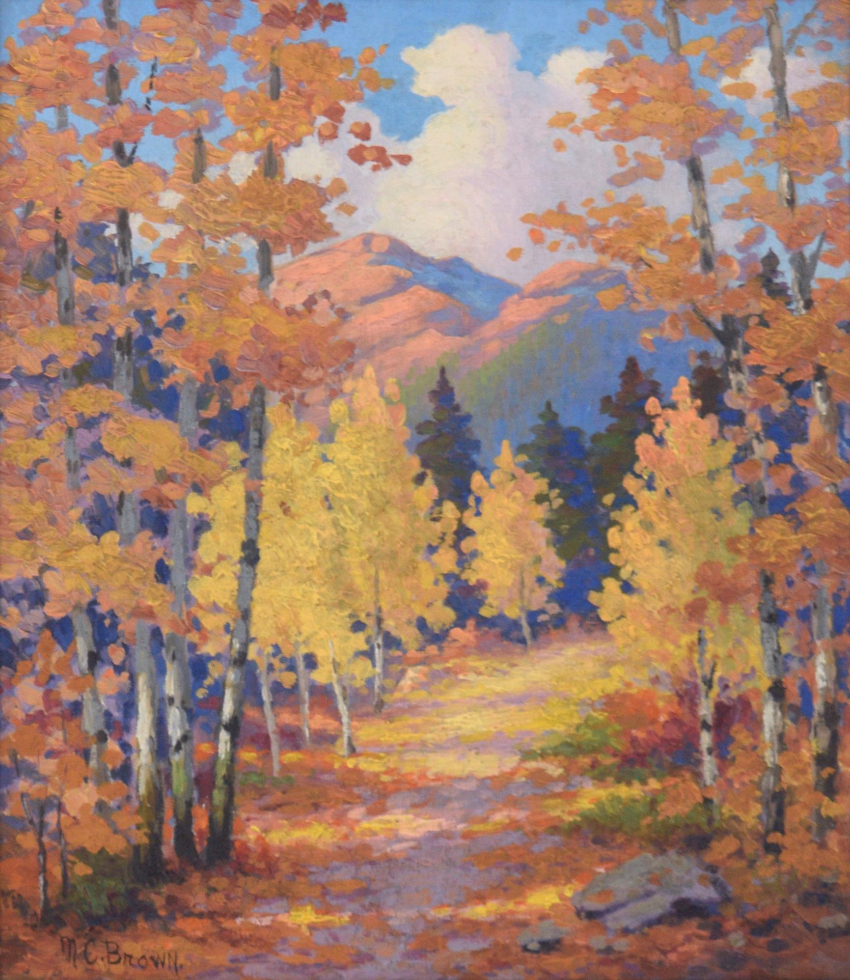 Feuilles tombées sur le chemin à Estes Park, Colorado - Paysage d'automne 1940 - Painting de MC Brown