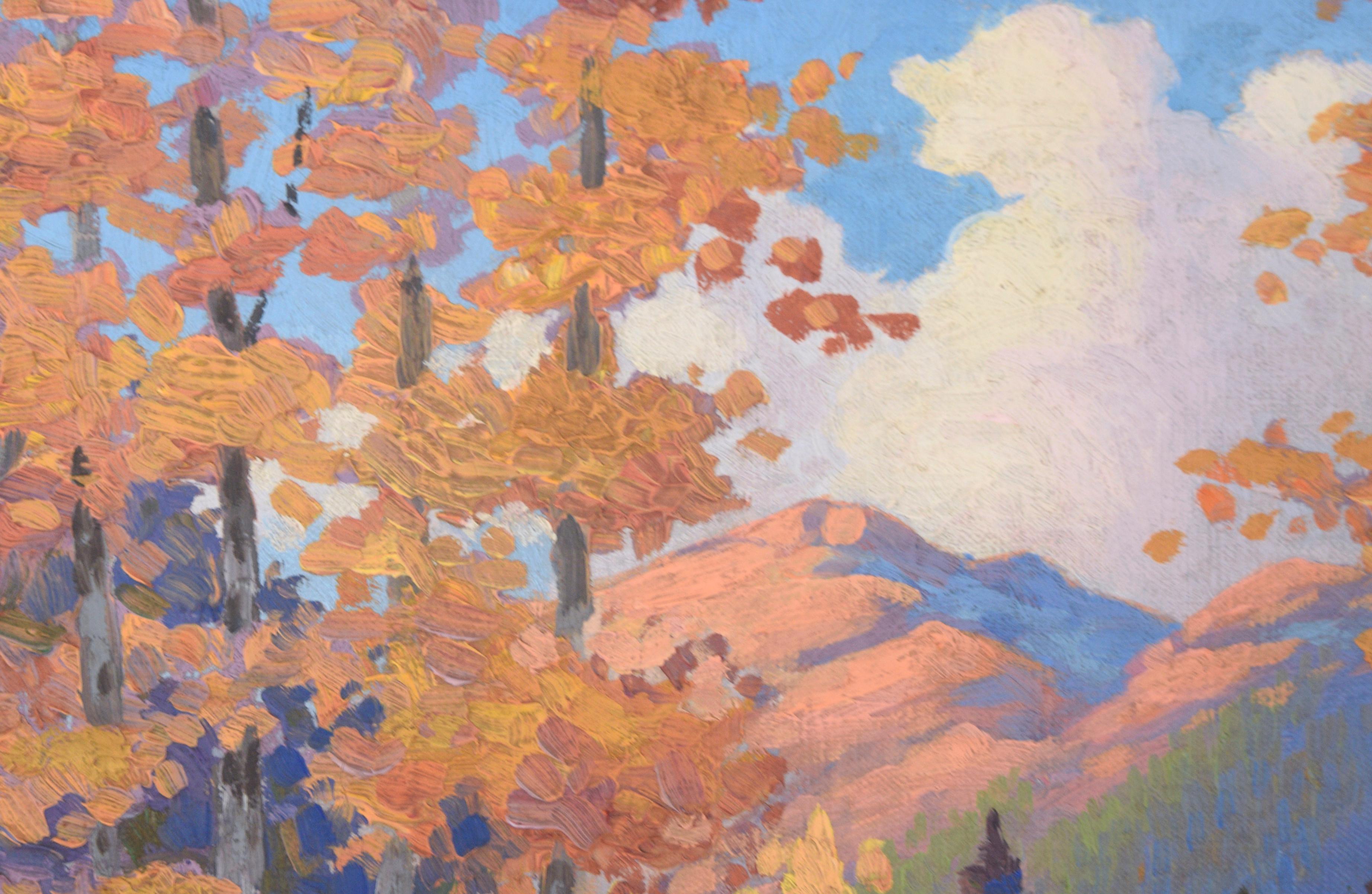Feuilles tombées sur le chemin à Estes Park, Colorado - Paysage d'automne 1940 - Impressionnisme américain Painting par MC Brown