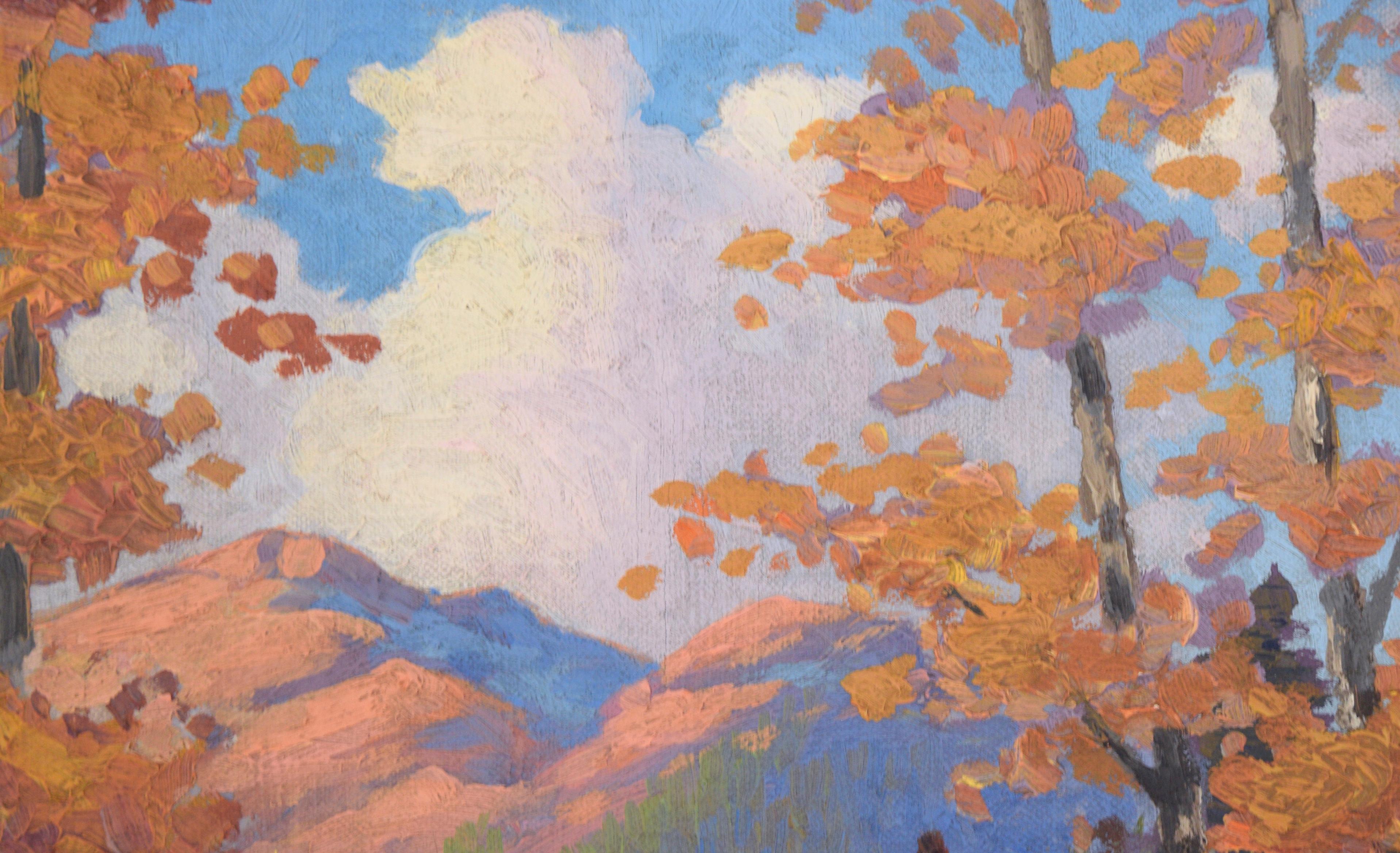 Feuilles tombées sur le chemin à Estes Park, Colorado - Paysage d'automne 1940 - Marron Landscape Painting par MC Brown