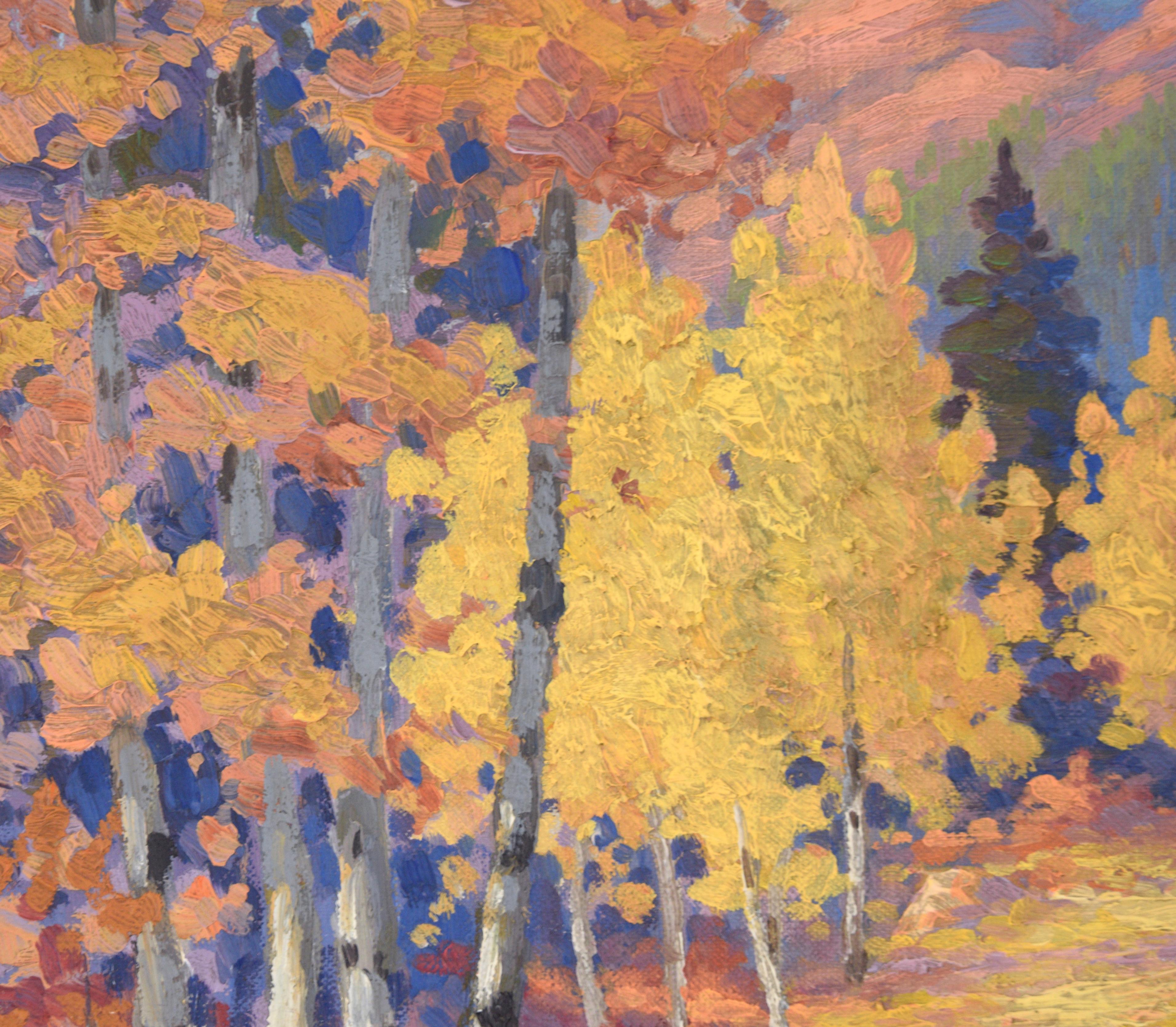 Feuilles tombées sur le chemin à Estes Park, Colorado - Paysage d'automne 1940 en vente 1