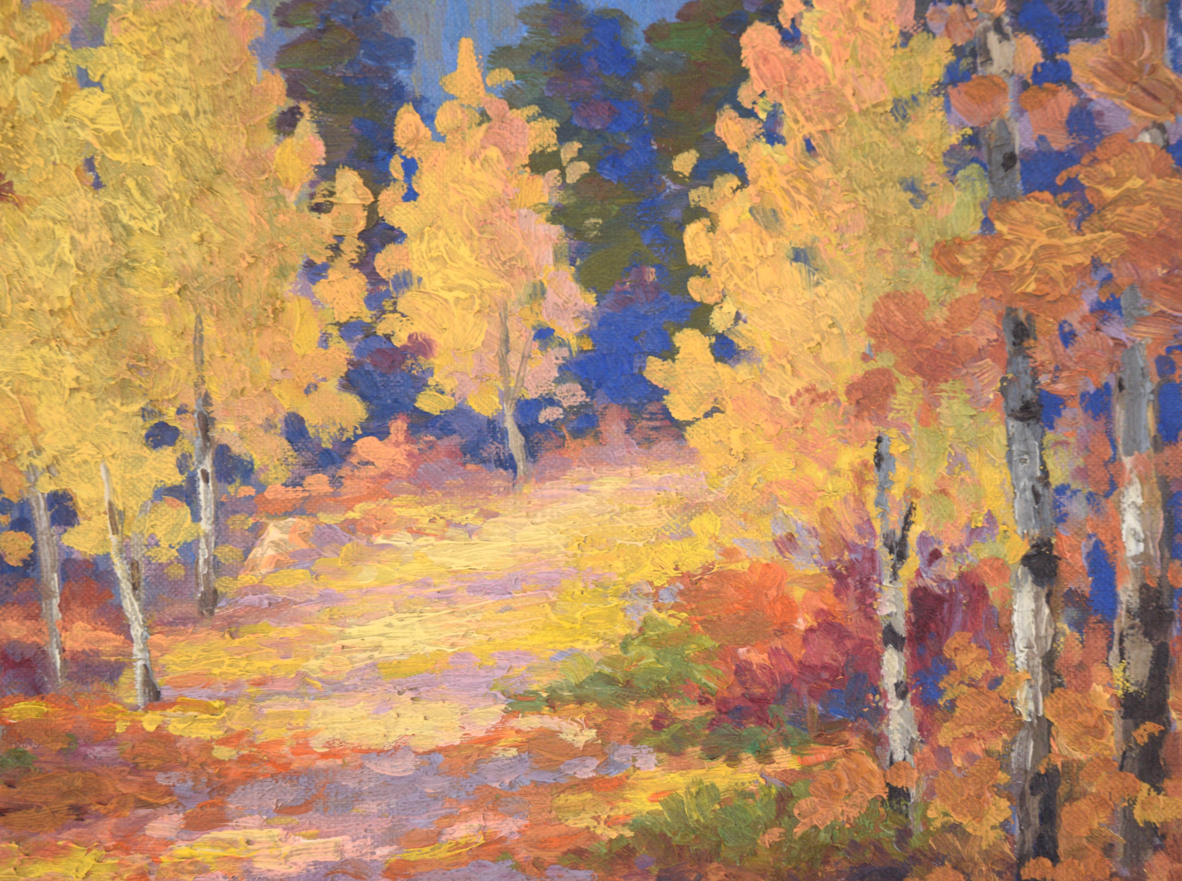 Feuilles tombées sur le chemin à Estes Park, Colorado - Paysage d'automne 1940 en vente 2