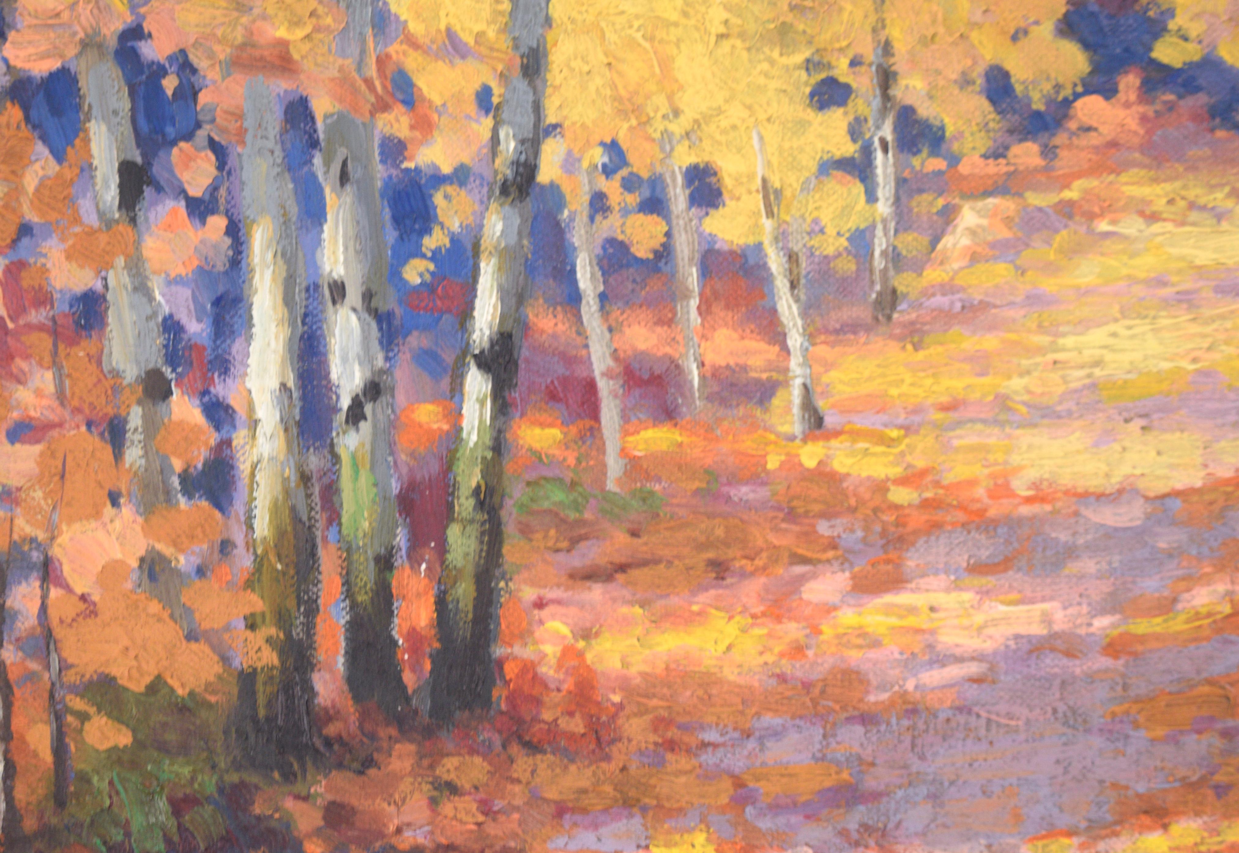 Fallen Leaves on the Path at Estes Park, Colorado - Autumn Landscape
Skillful and vibrant vertical landscape by MC Brown. A path winds through an aspen forest, covered with yellow and orange leaves. Aspens frame both sides of the composition, full