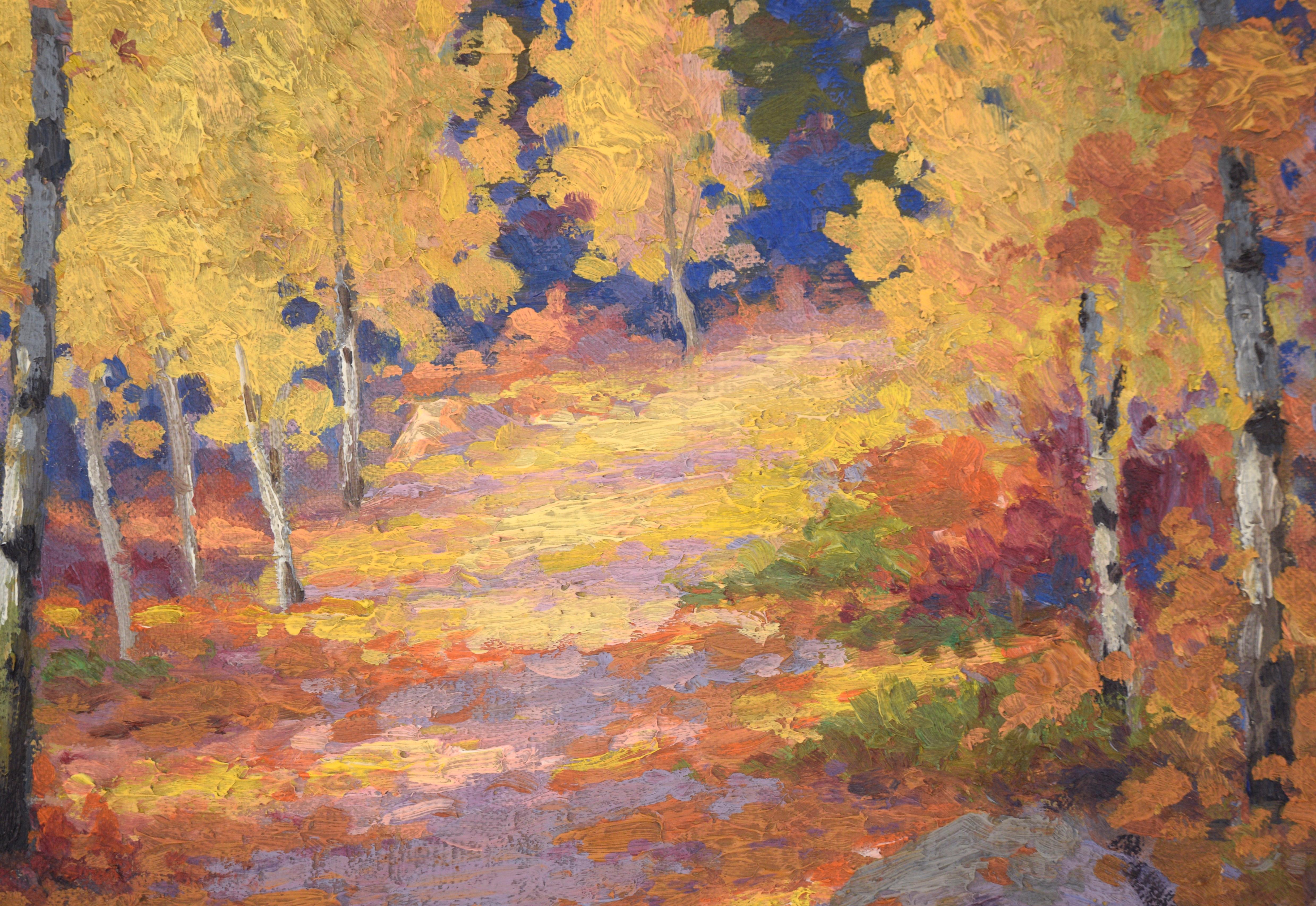 Feuilles tombées sur le chemin à Estes Park, Colorado - Paysage d'automne 1940 en vente 4