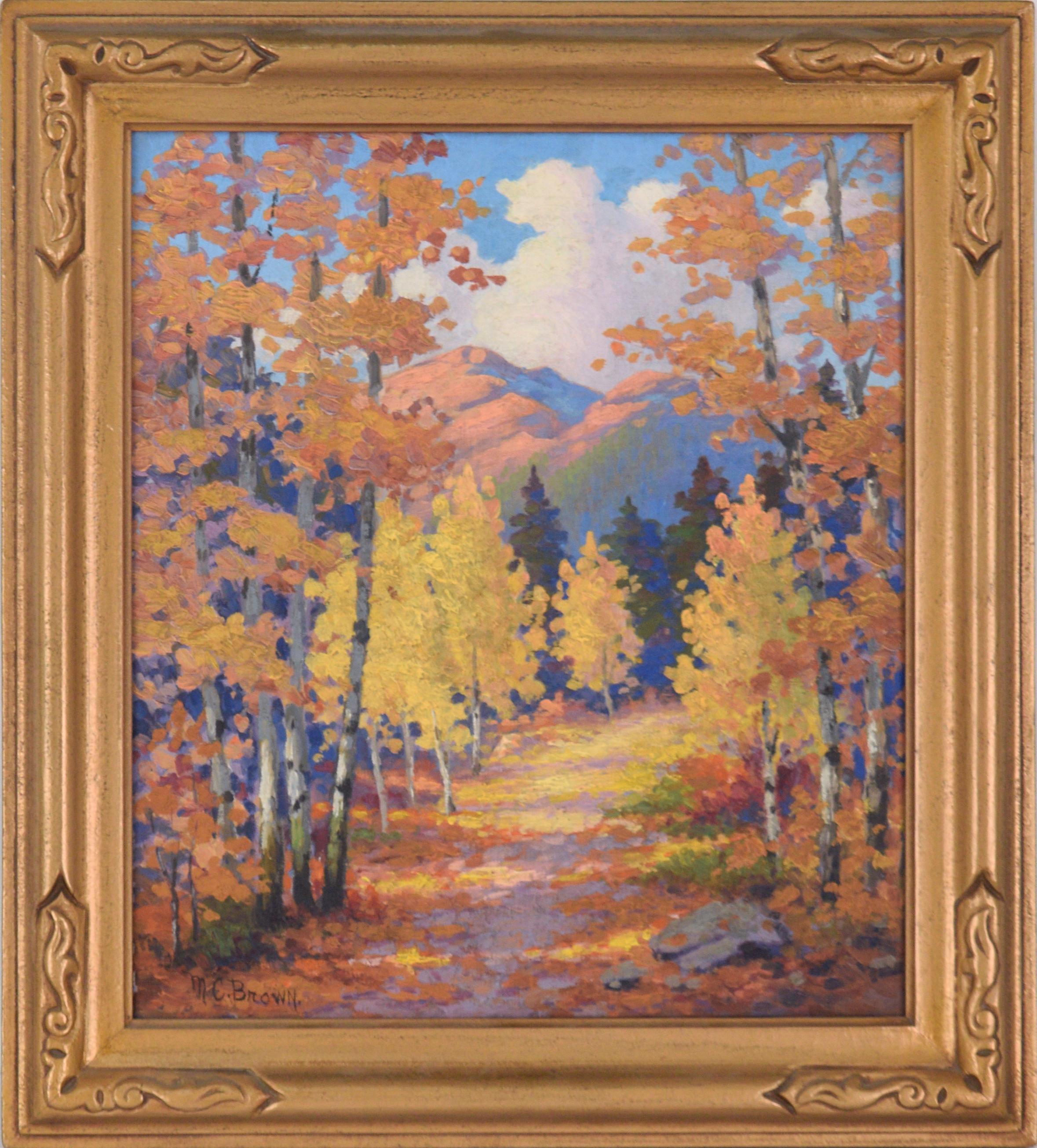 MC Brown Landscape Painting - Fallen Leaves on the Path at Estes Park, Colorado - Autumn Landscape 1940