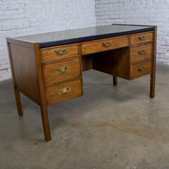 MC Campaign Style Desk by Sligh Furniture Dark Oak Frame & Black Vinyl Surface