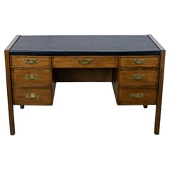 MC Campaign Style Desk by Sligh Furniture Dark Oak Frame 
Black Vinyl Surface