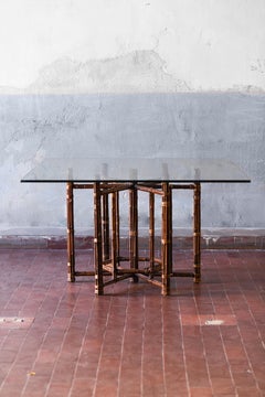 Tavolo Mc Guire San Francisco anni '70 in rattan con rilegatura in pelle