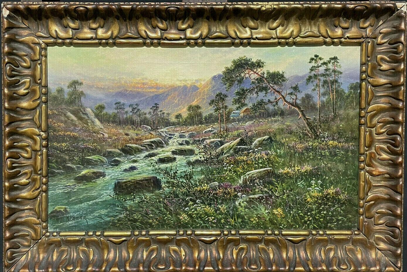 M.C Hider Landscape Painting - ANTIQUE SCOTTISH SIGNED OIL - WEST ARRAN SCOTLAND - SUNSET OVER HIGHLAND RIVER