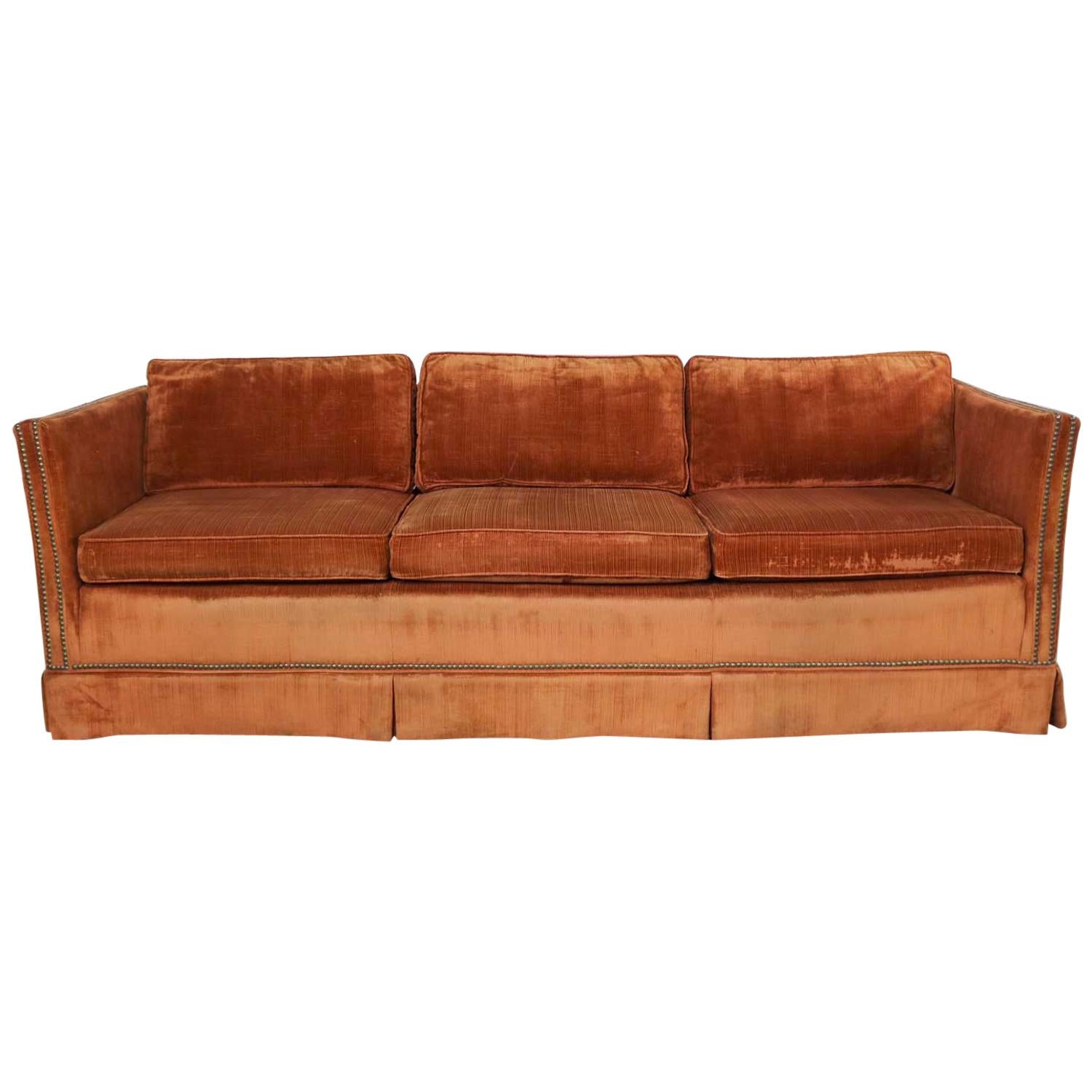 MC Hollywood Regency Burnt Orange Velvet Tuxedo Sofa Bronze Tone Nailhead Trim