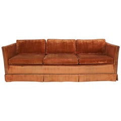 MC Hollywood Regency Burnt Orange Velvet Tuxedo Sofa Bronze Tone Nailhead Trim
