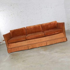 MC Hollywood Regency Burnt Orange Velvet Tuxedo Sofa Bronze Tone Nailhead Trim