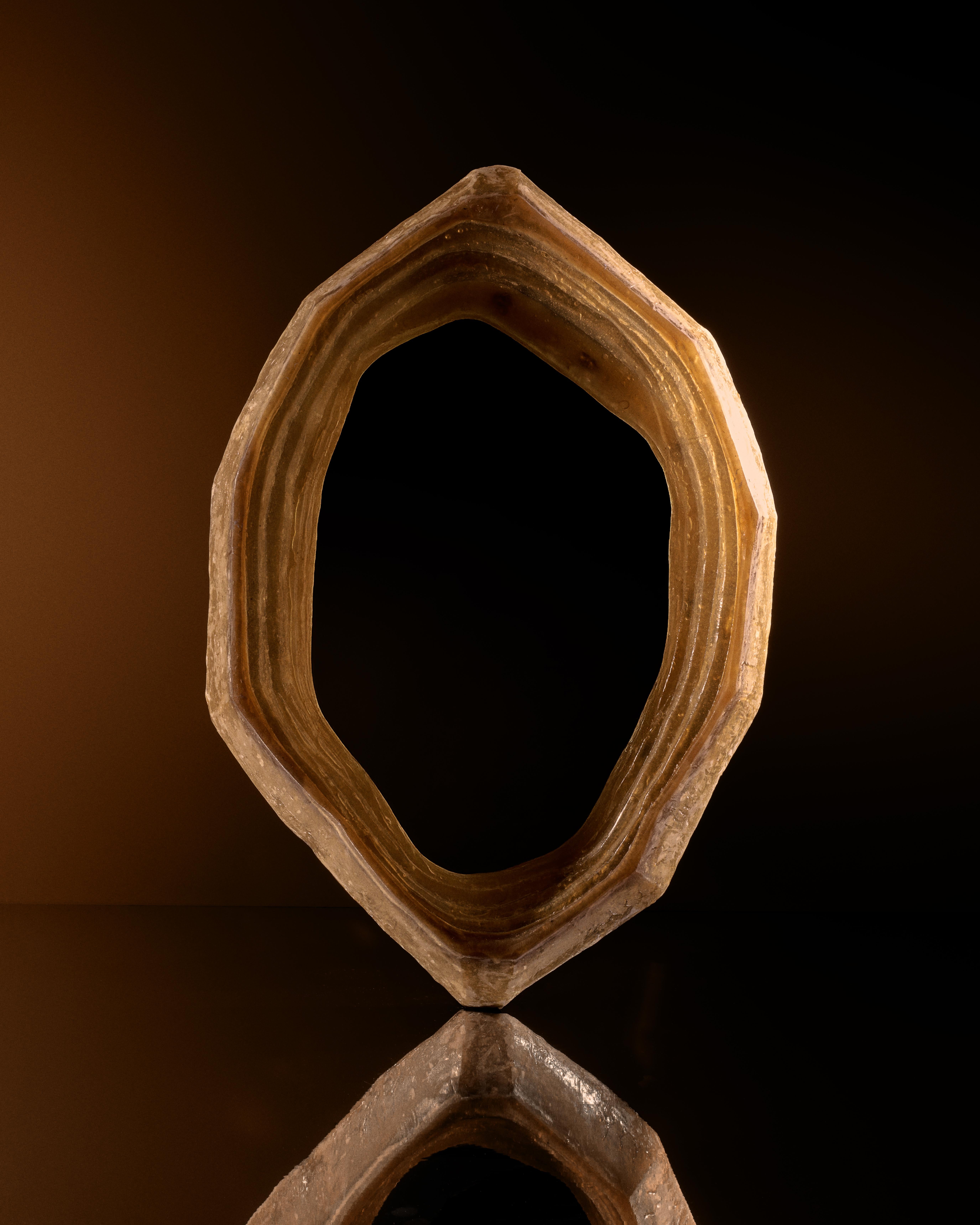 A more intimate scale of the same sculptural language as MC I - Mirror I. MC II - Mirror II retains the tectonic irregularity and mineral presence of its larger counterpart — a contemplative fragment.

Materia Colectiva is a sculptural reflection on