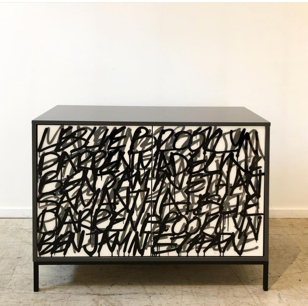 Steel M.C. Nightstands, mix media artwork on drawers For Sale