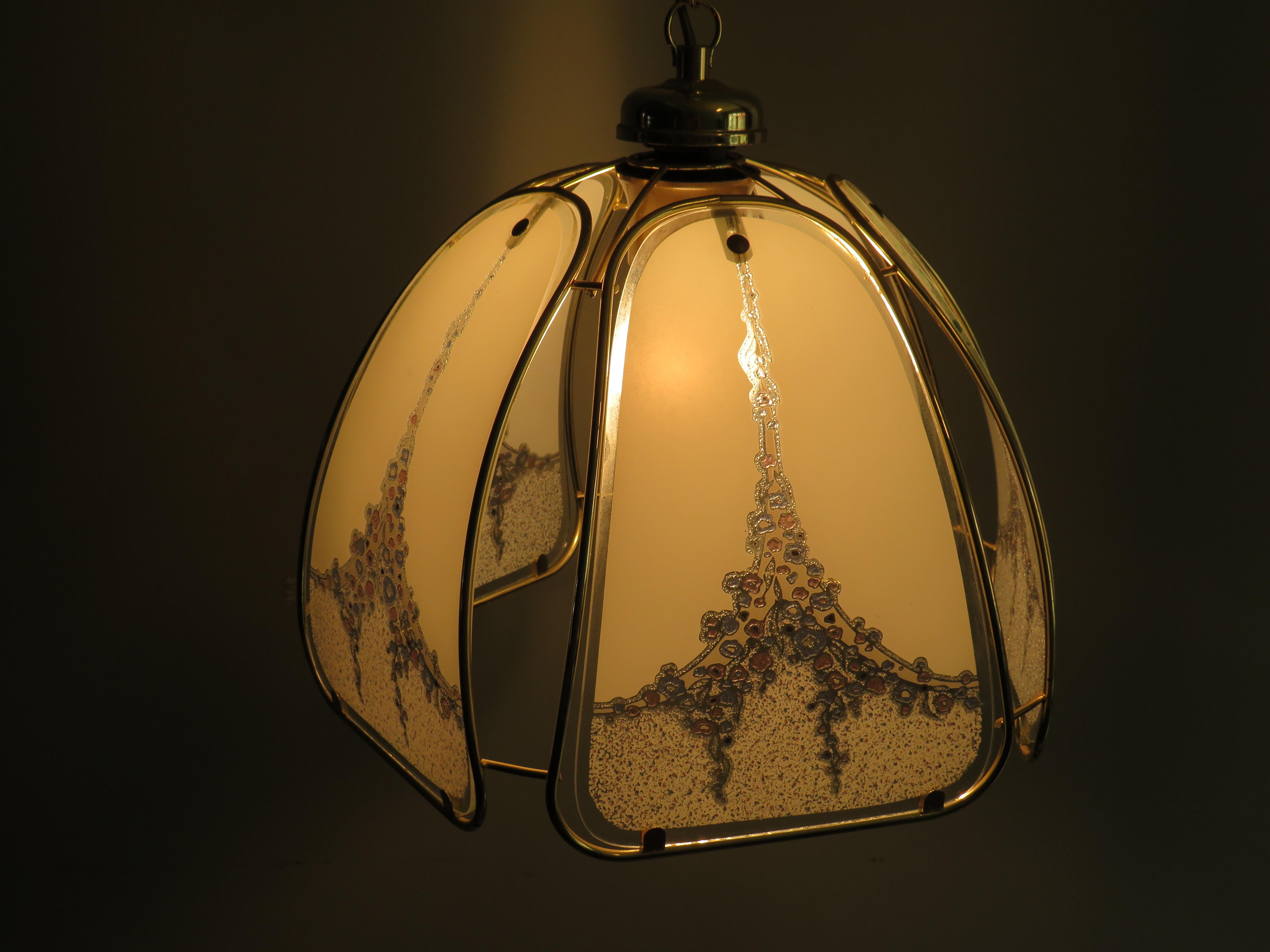 Hollywood Regency Mc Pendant in Gilt Metal and Murano Glass Panels by Eglo Leuchten Austr For Sale