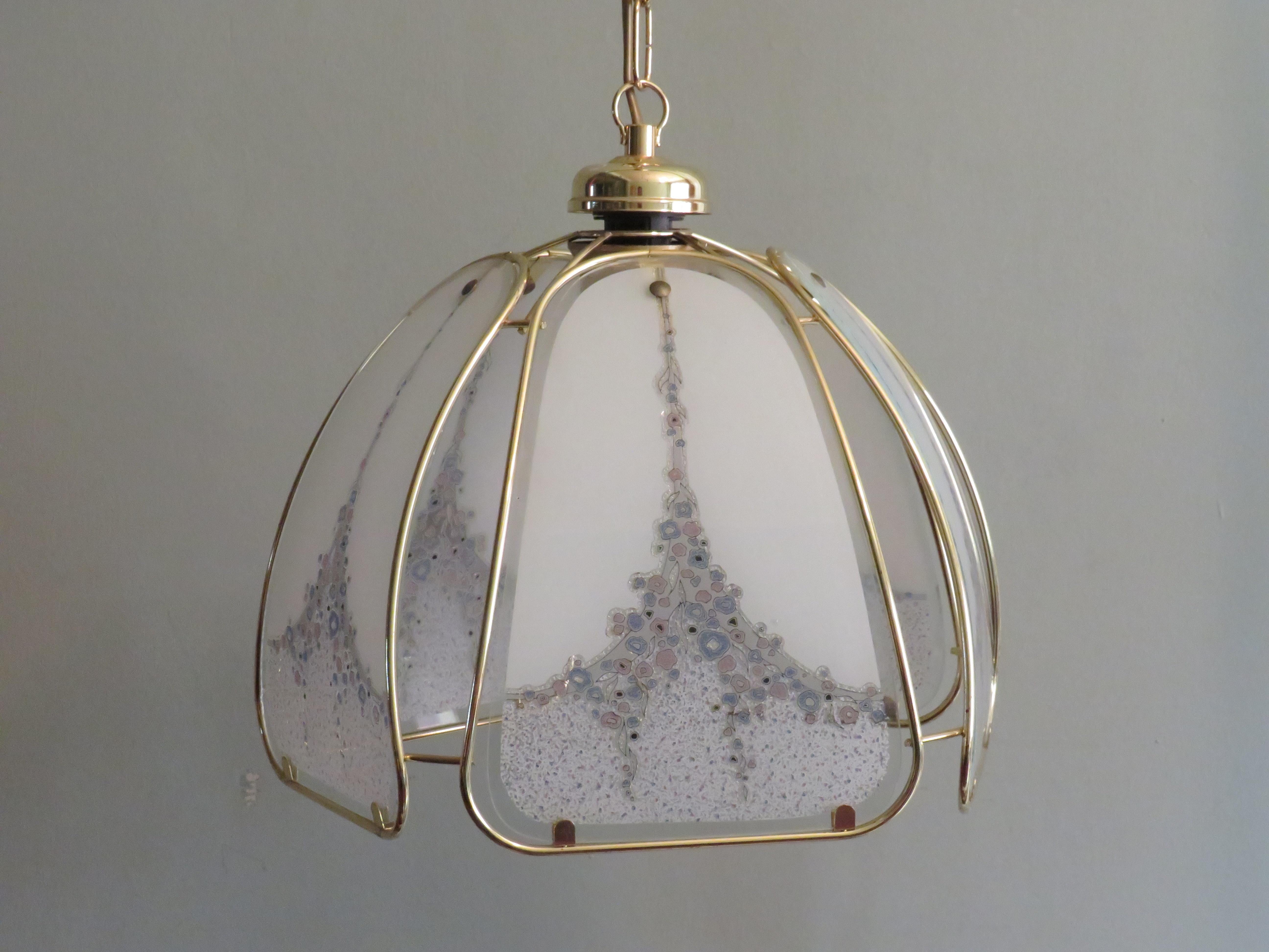 Mc Pendant in Gilt Metal and Murano Glass Panels by Eglo Leuchten Austr In Good Condition For Sale In Herentals, BE