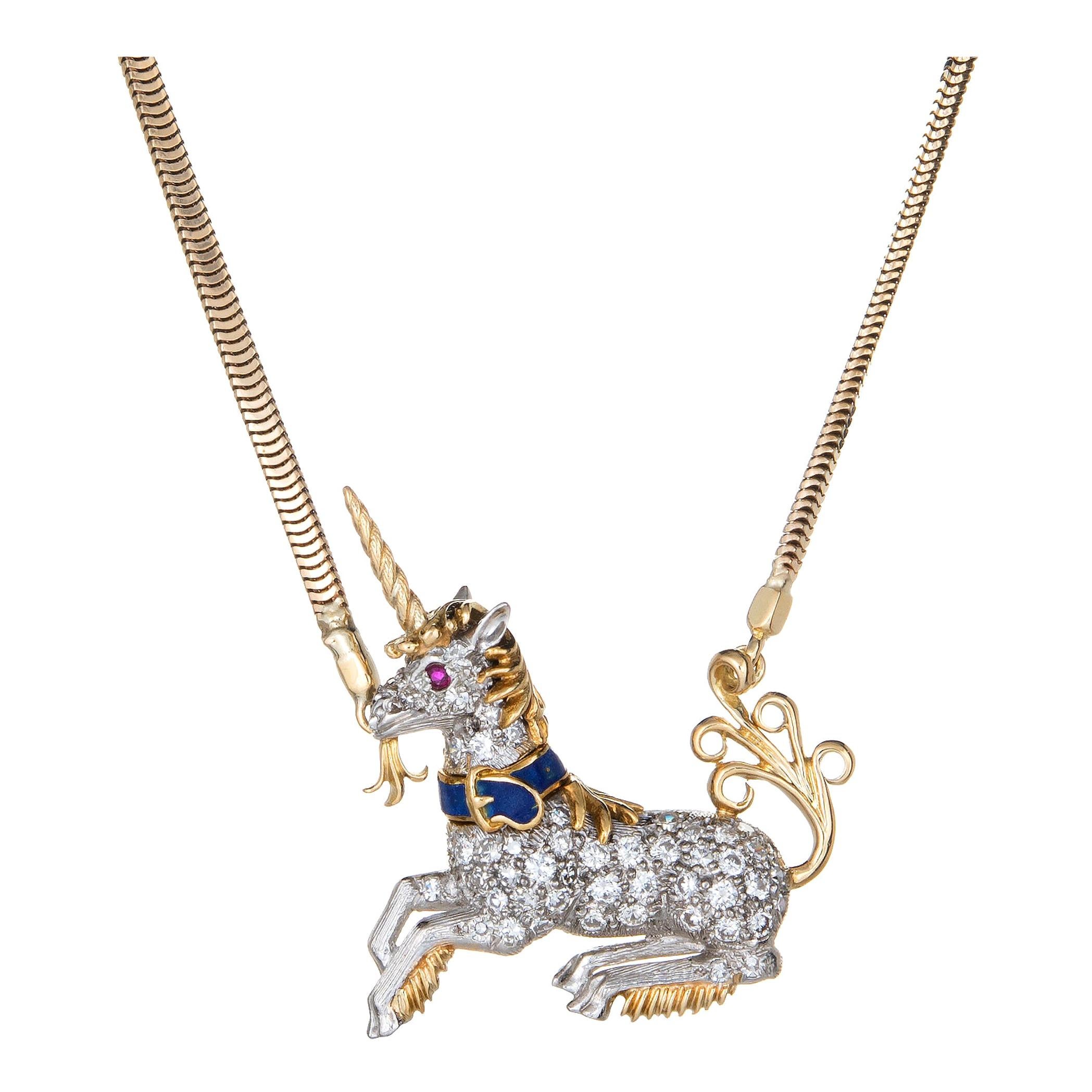Mc Teigue Unicorn Necklace Vintage Diamond Platinum 18 Karat Yellow Gold Chain
