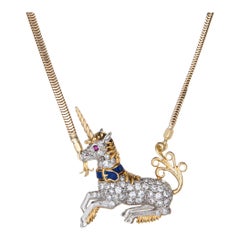 Mc Teigue Collier Licorne Vintage Diamant Platine Or Jaune 18 Carats Chaîne