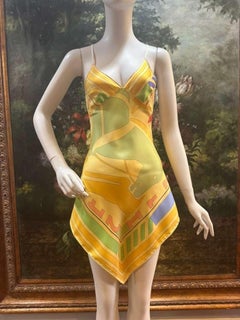 MC Yellow Silk Hermés Puzzle Print Scarf Cocktail Dress
