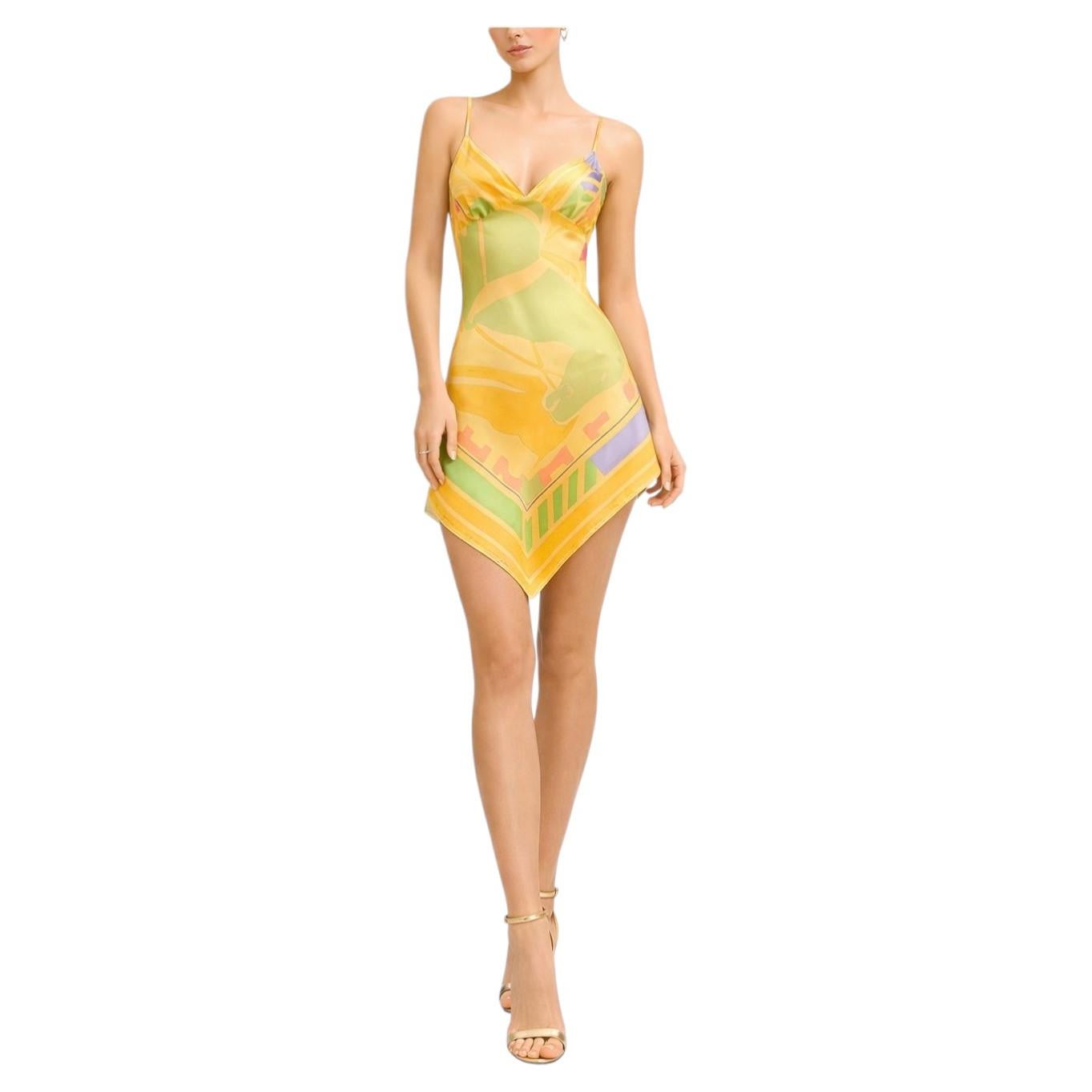 MC Yellow Silk Hermés Puzzle Print Scarf Cocktail Dress For Sale
