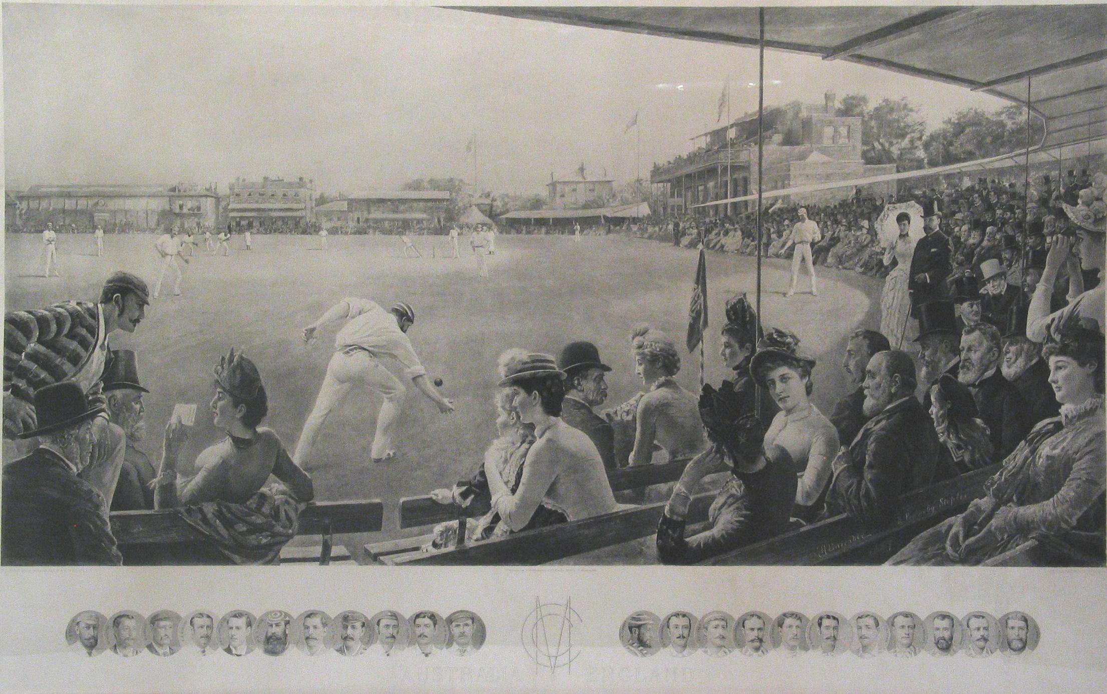 Vintage 'MCC Australia V. England' cricket photogravure.
This is a magnificent photogravure of a fictitious cricket match at Lords en-titled 'MCC Australia v England'. The original painting is by G. H. Barrable and R. Ponsonby Staples. The