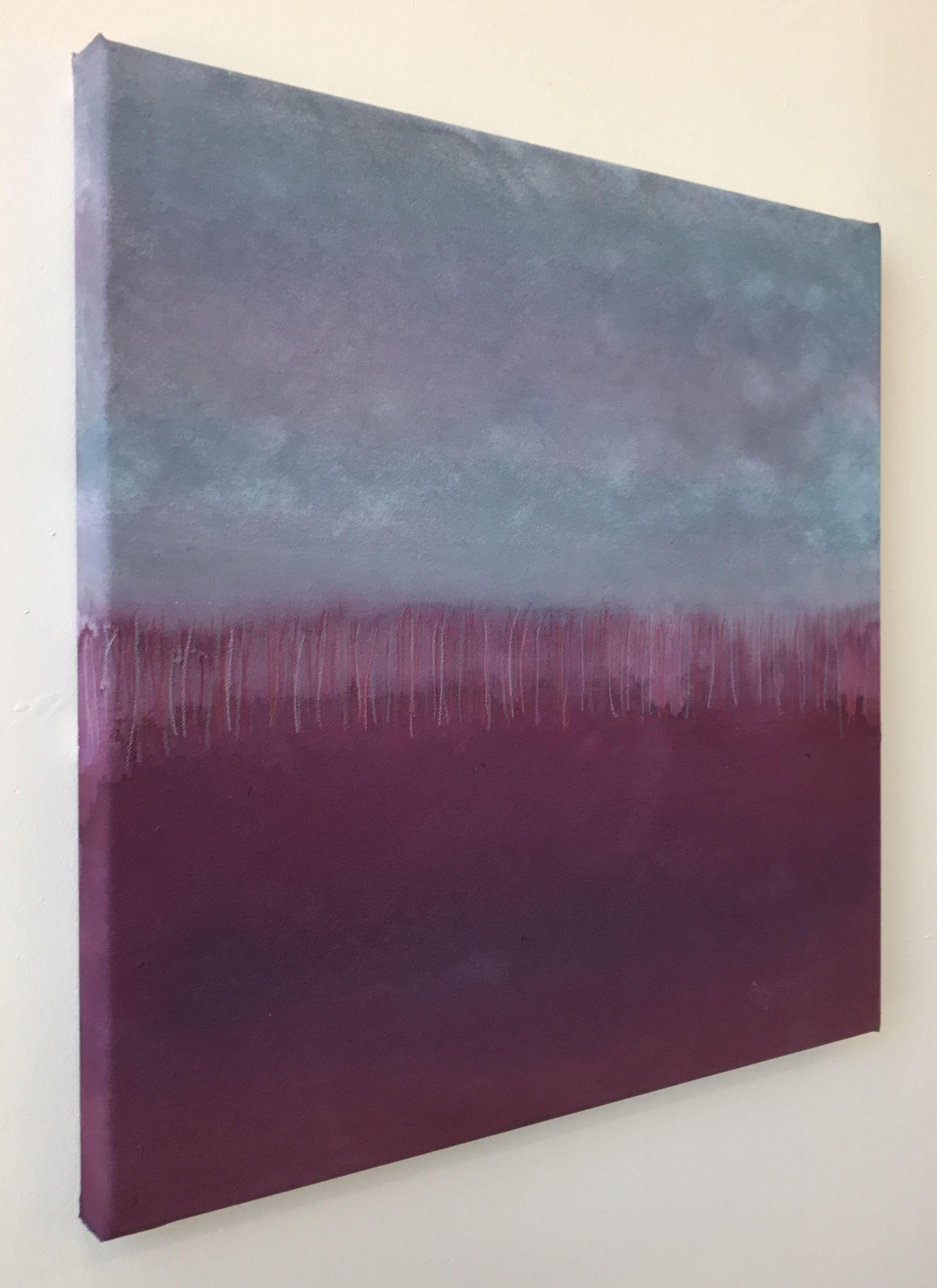 Late evening, foggy, setting sun reflects off of the marsh turning the water dark crimson. The thinned acrylic paint flows into the unprimed canvas reinforcing the setting.  :: Painting :: Abstract :: This piece comes with an official certificate of