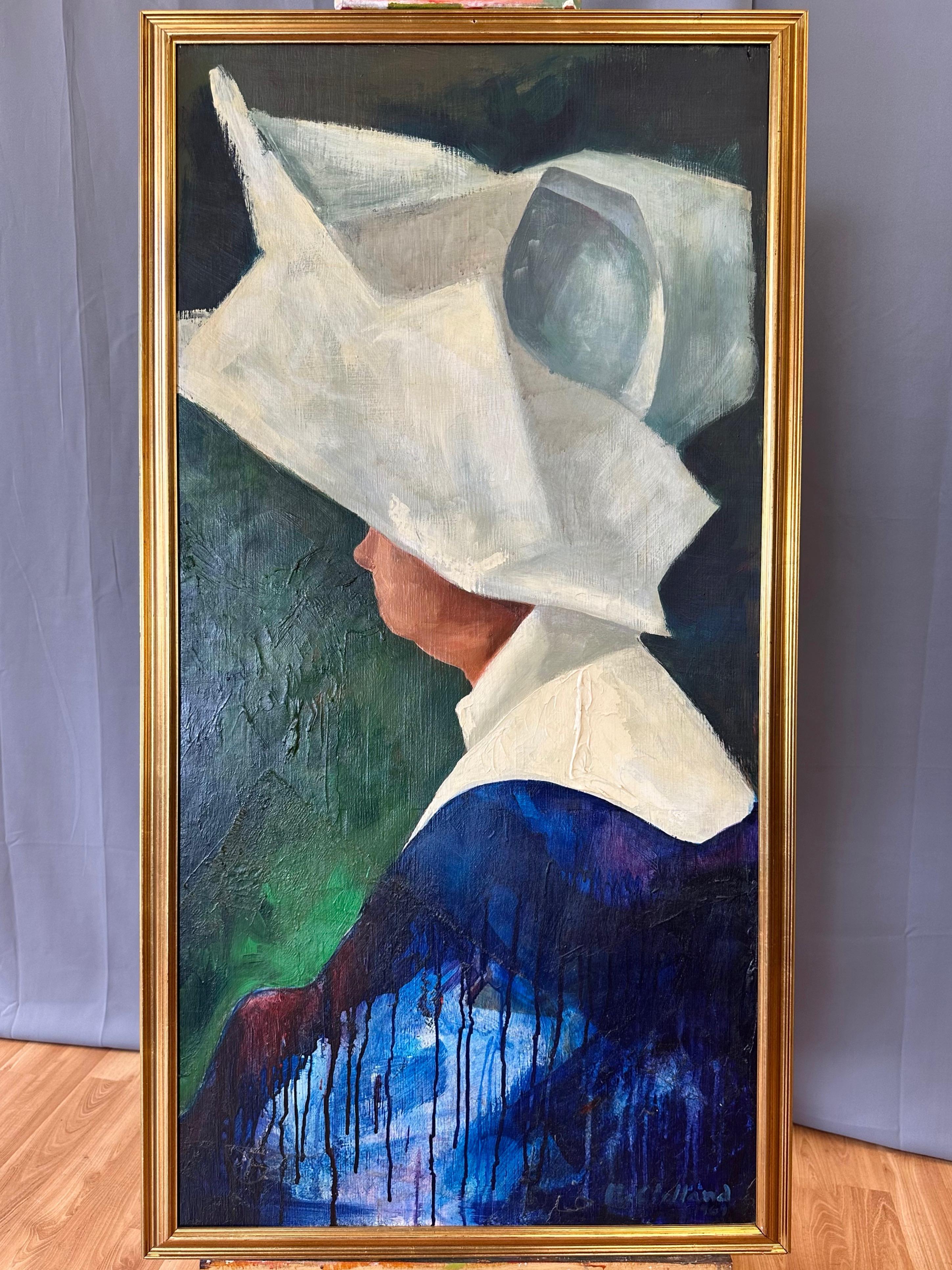 A tall and captivating mid-century expressionist oil painting portrait of a cornette-wearing nun, signed “McClelland”.

Viewed in profile against a rich emerald green background, with just a hint of her plain face peeking out from under an enormous