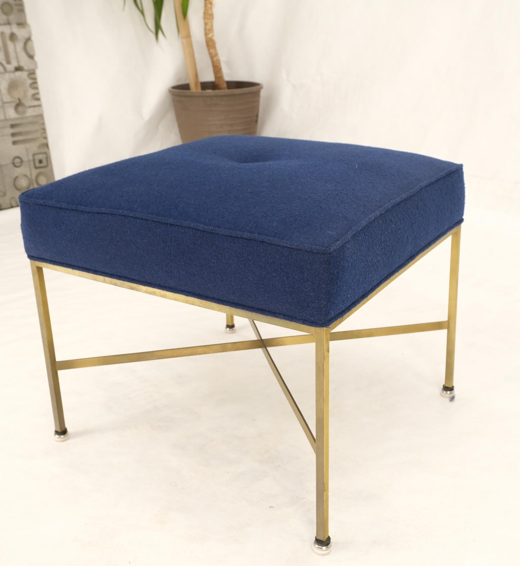McCobb Square Brass Square Base New Navy Blue Upholstery Bench Stool For Sale 2