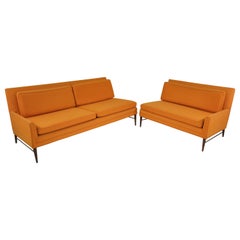 McCobb Walnut and Brass Burnt Orange Sectional Sofa