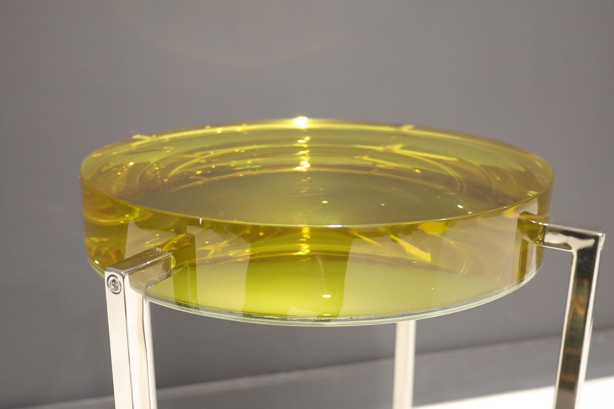 Modern McCollin Bryan Lens Side Table in Nickel and Acid Lemon Tint Top