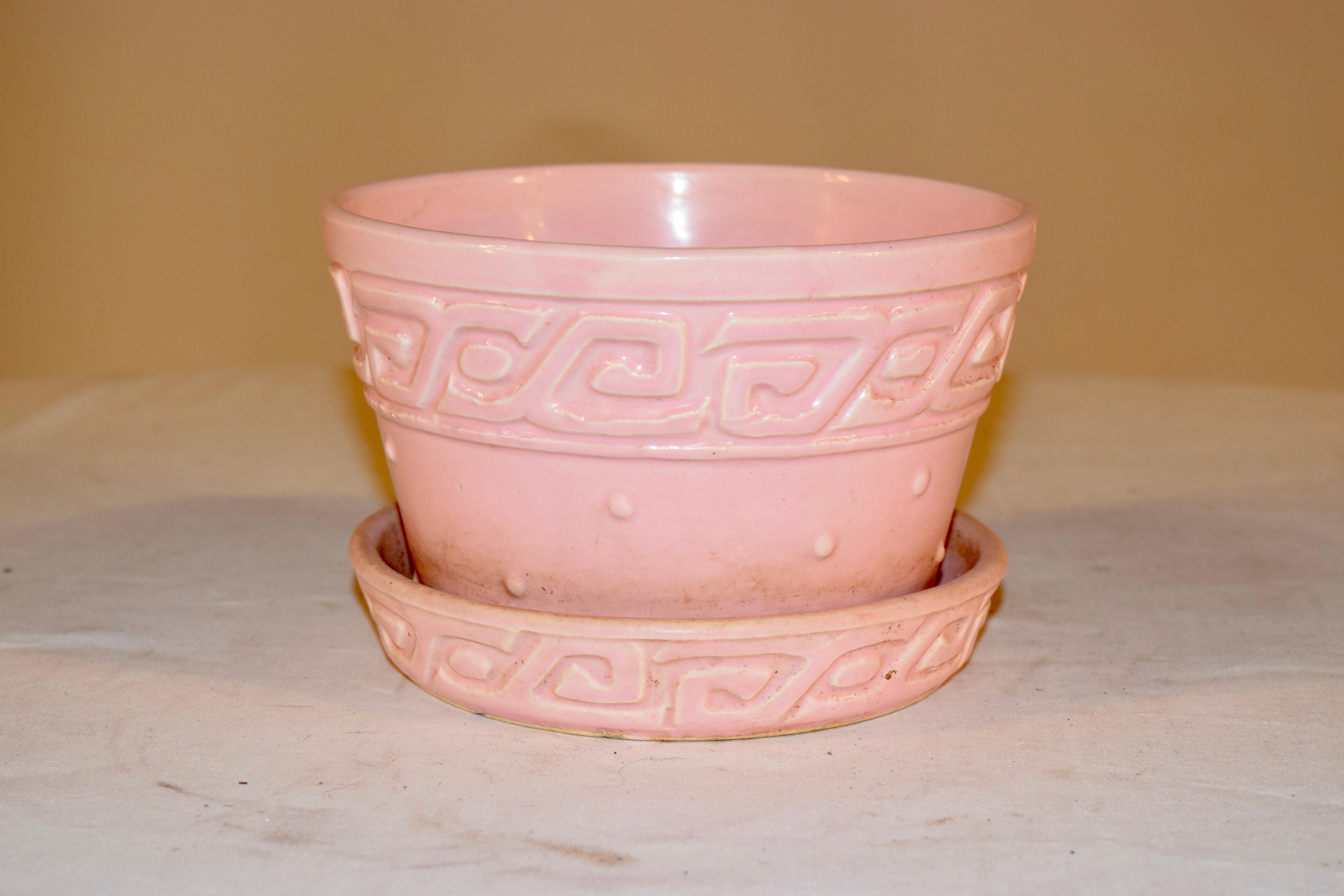 Vintage McCoy pink Greek key and hobnail small planter with attached saucer. This is a small planter with the classic Greek key pattern on both the planter and the saucer. The planter is drilled for drainage to the saucer. While the planter does not