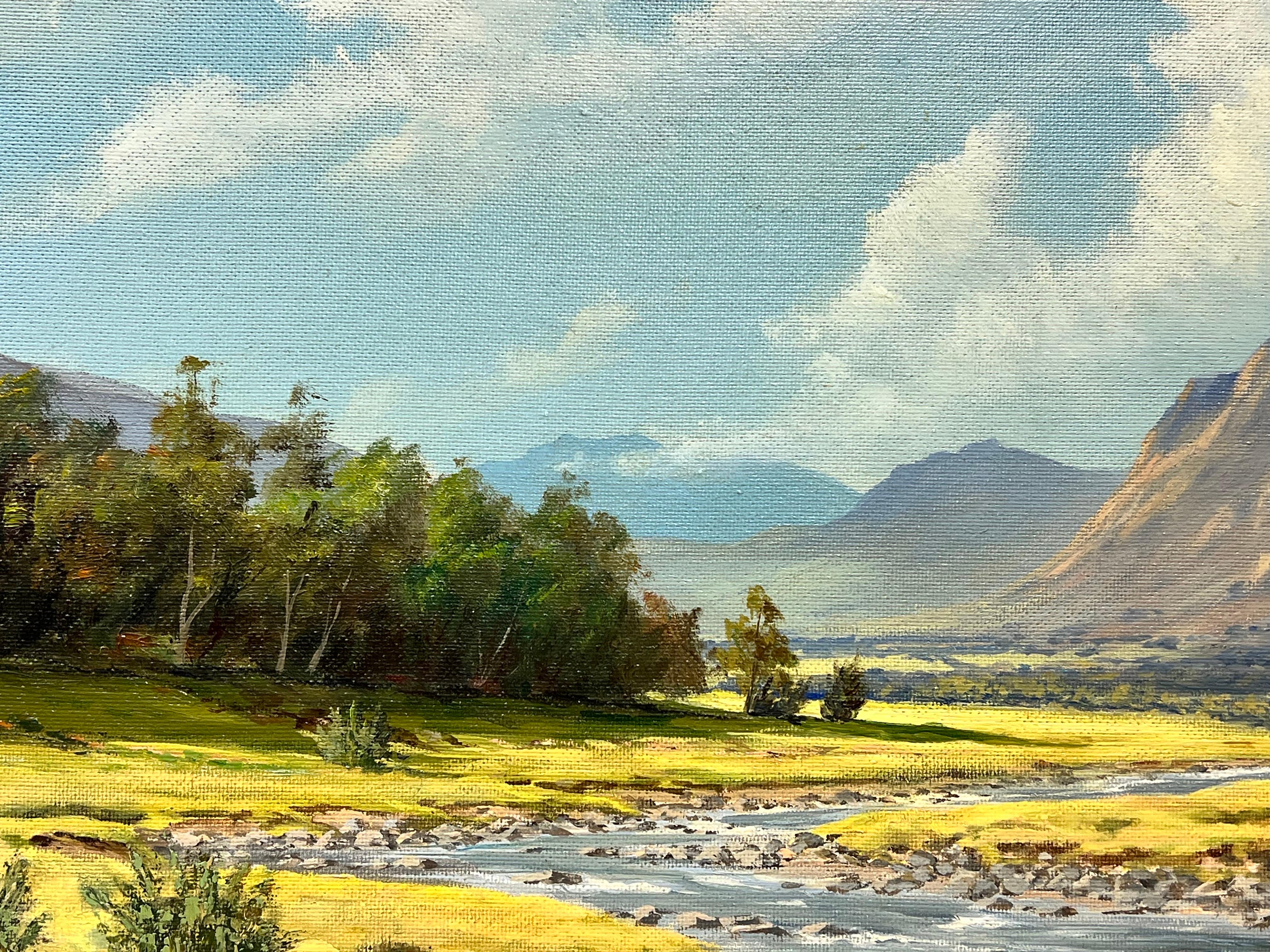Signed Scottish Oil Sunny Highland River Landscape in Summer, framed original - Victorian Painting by McDonald