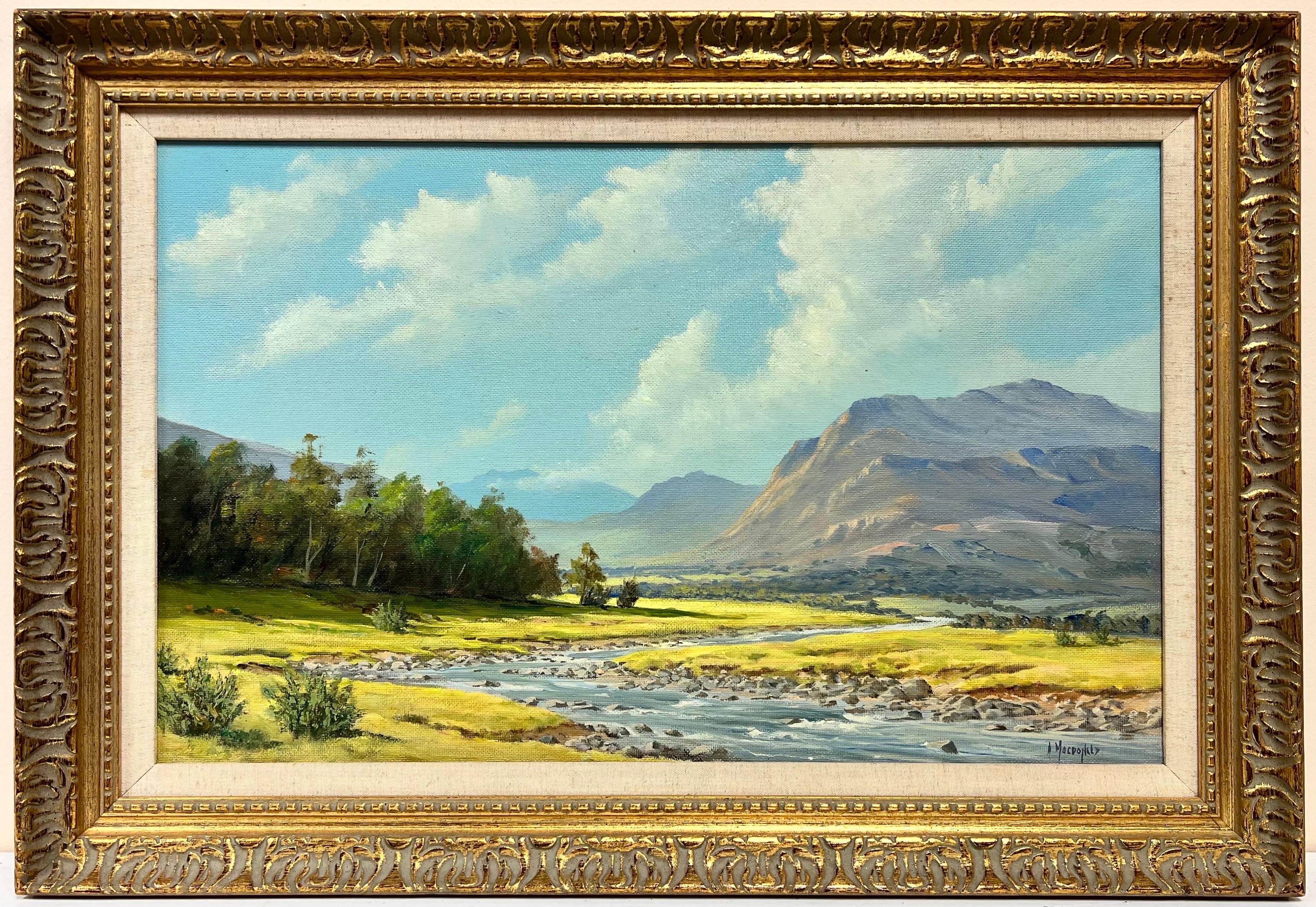 McDonald Landscape Painting - Signed Scottish Oil Sunny Highland River Landscape in Summer, framed original