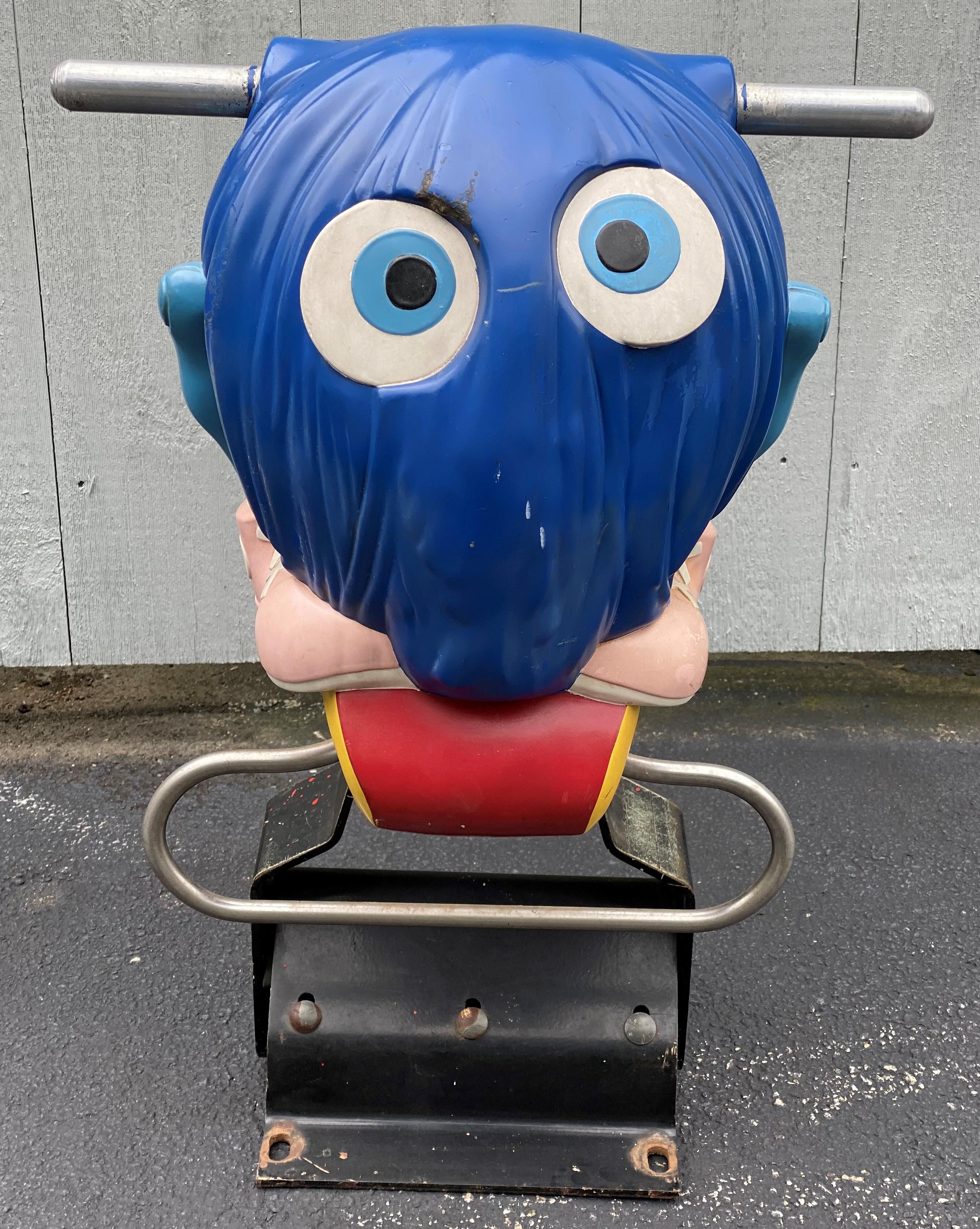 A fine example of an early polychrome spring rider from McDonald’s Playland, originally known as “Goblin” and later as “Fry Guy,” made of fiberglass and cast iron. The first playground equipment for McDonald\'s Playland was designed by Don Ament