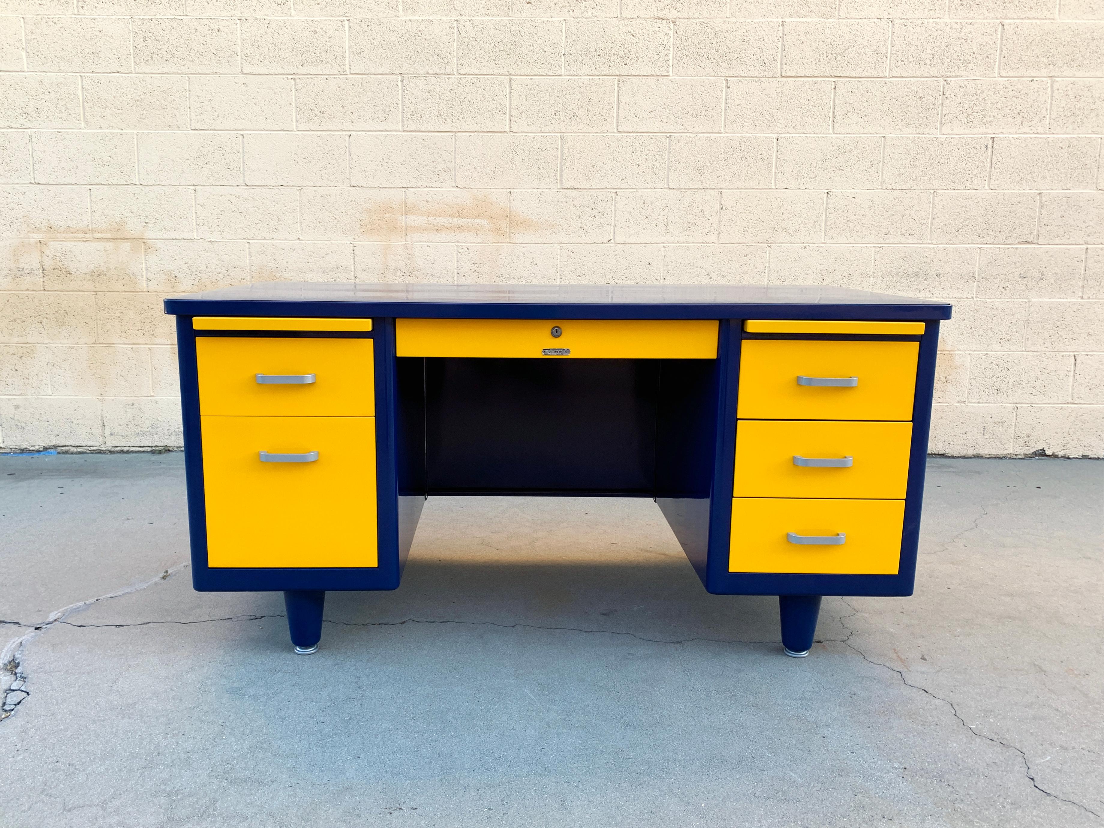 Mid-Century Modern McDowell Craig Midcentury Tanker Desk Refinished in Blue and Yellow For Sale