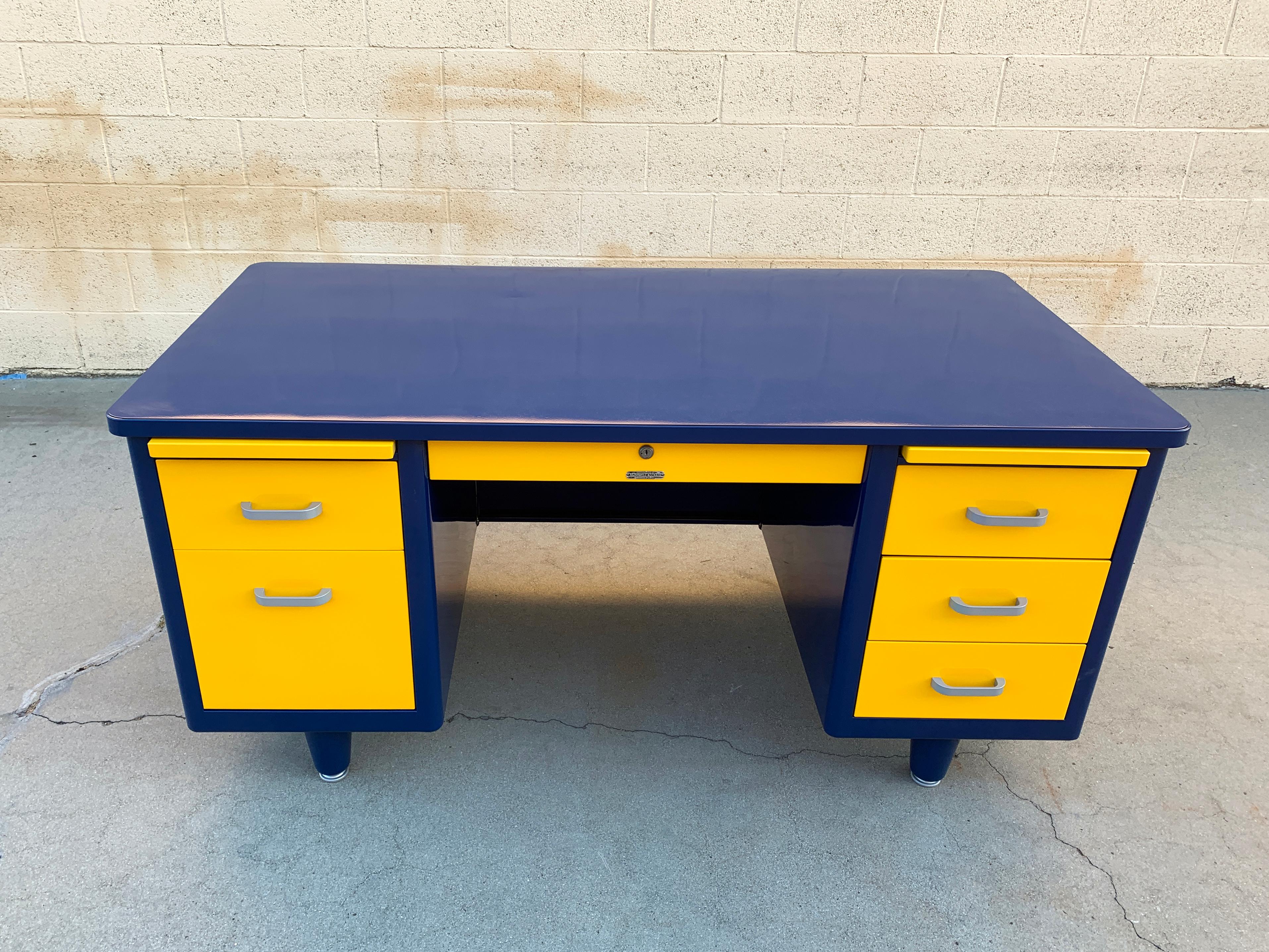 American McDowell Craig Midcentury Tanker Desk Refinished in Blue and Yellow For Sale