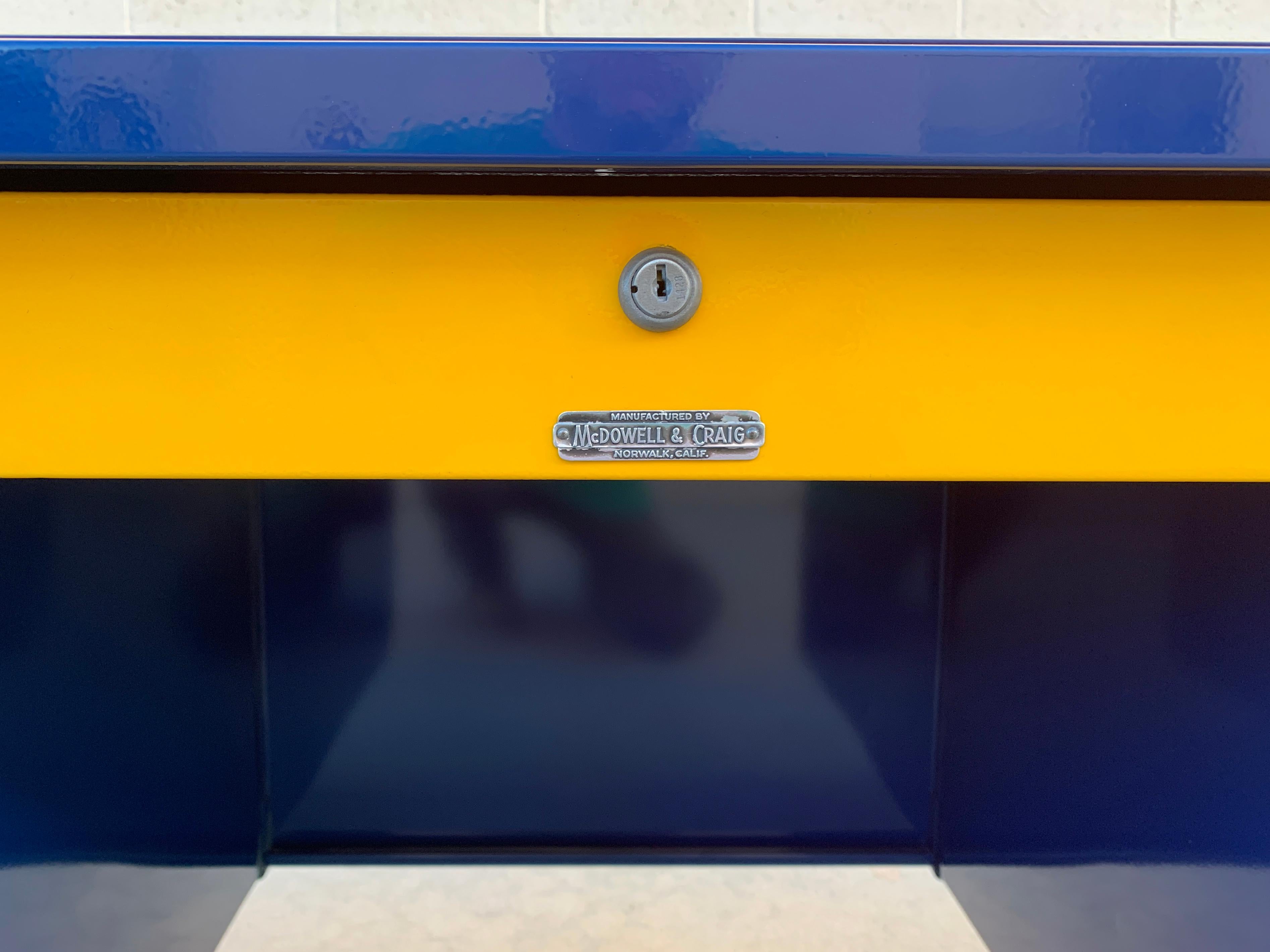 Brushed McDowell Craig Midcentury Tanker Desk Refinished in Blue and Yellow For Sale