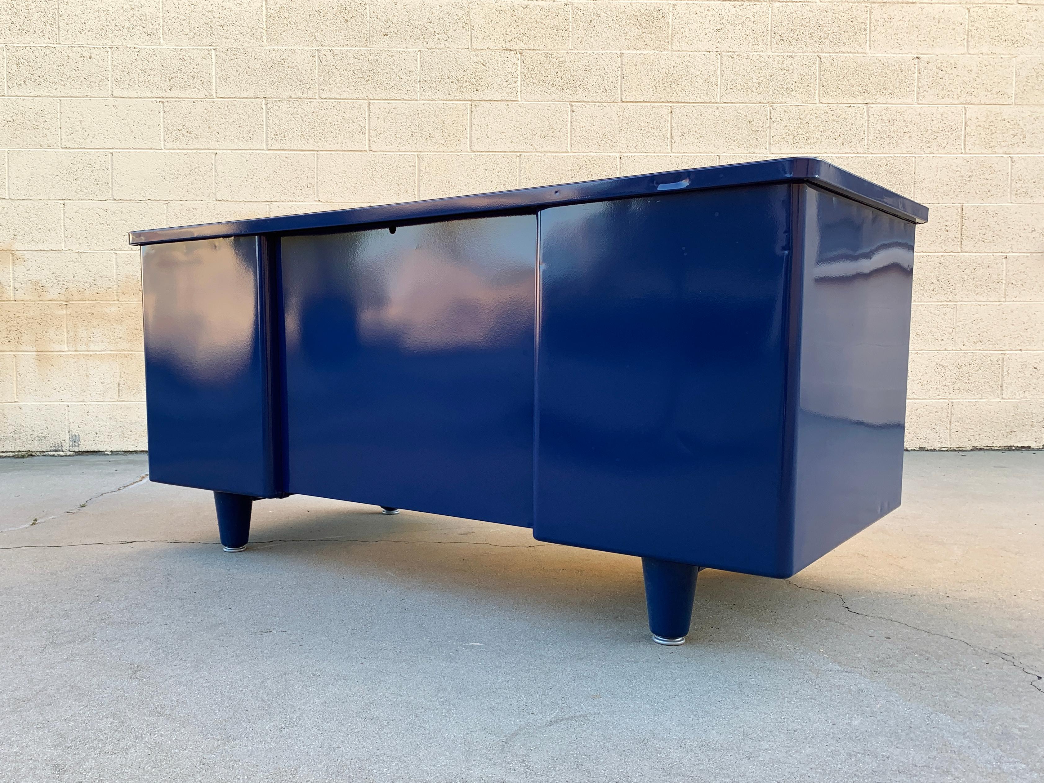 Aluminum McDowell Craig Midcentury Tanker Desk Refinished in Blue and Yellow For Sale