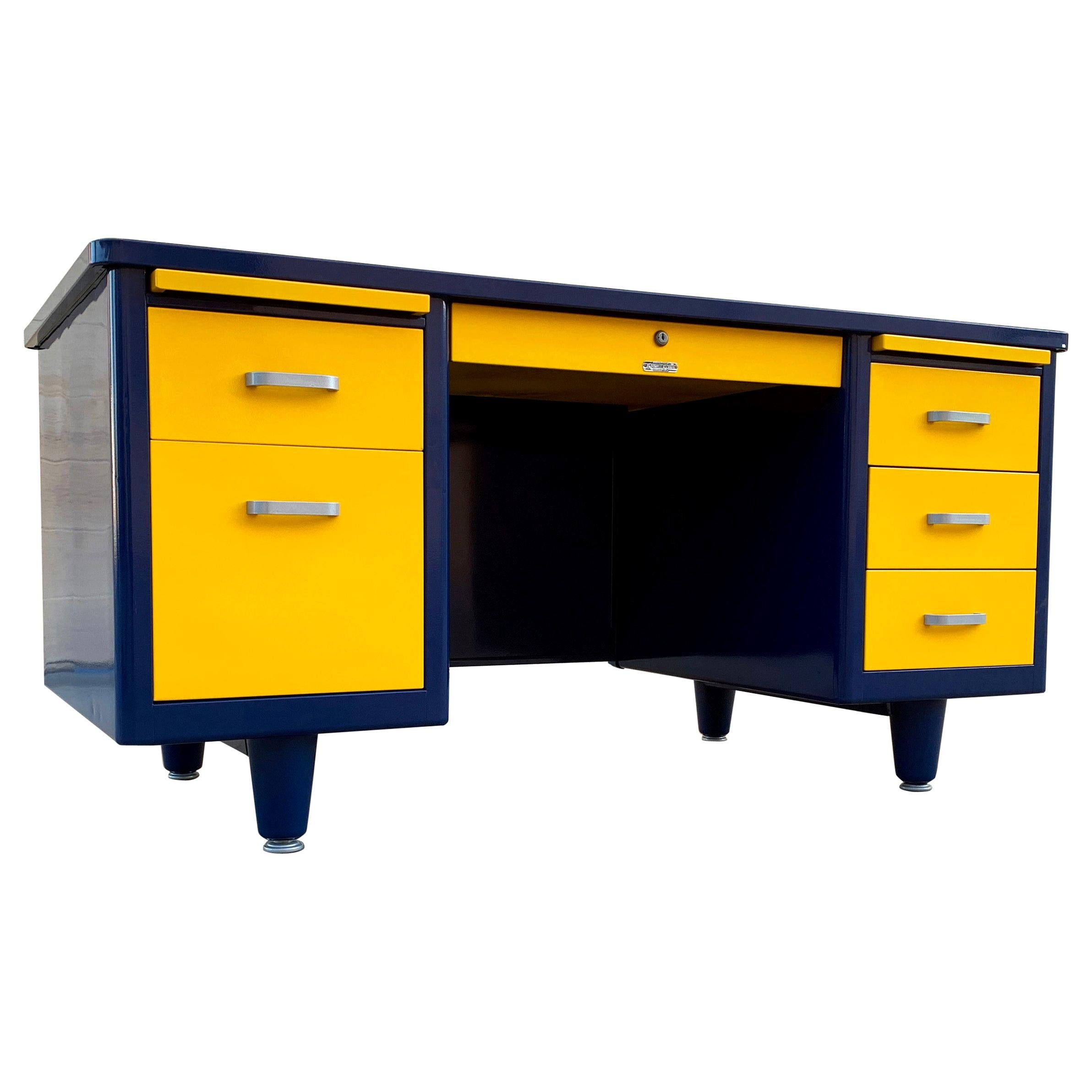 McDowell Craig Midcentury Tanker Desk Refinished in Blue and Yellow For Sale
