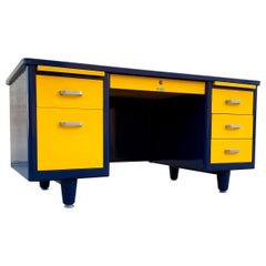 Retro McDowell Craig Midcentury Tanker Desk Refinished in Blue and Yellow