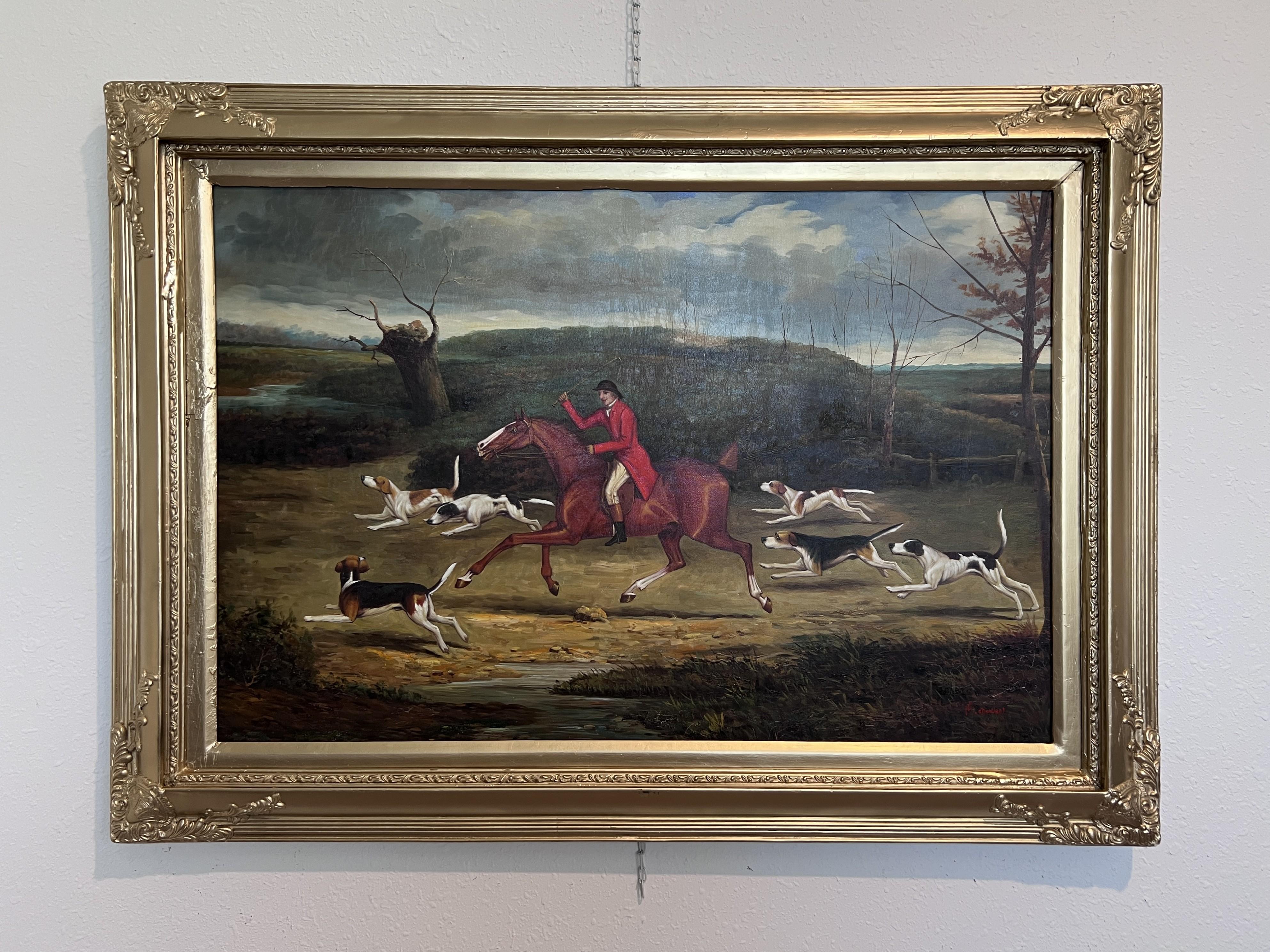 Englische Fuchsjagd-Szene Pferdehunde Großes Ölgemälde von M.cDowell, gerahmt im Angebot 1