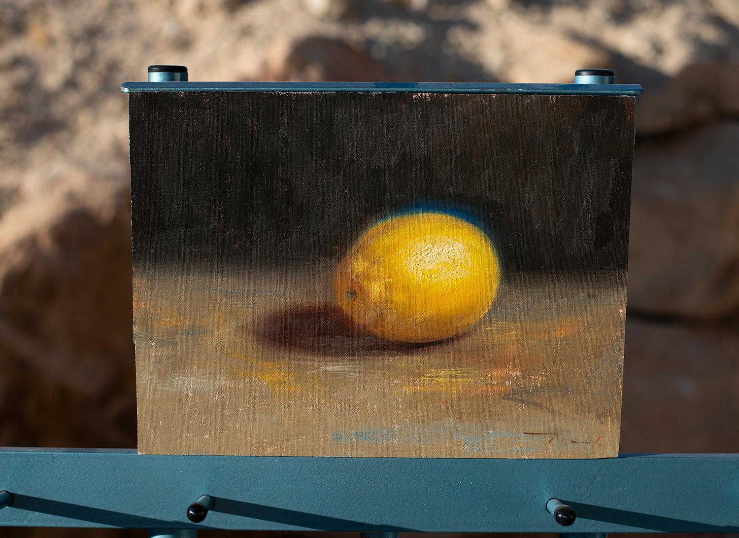 <p>Commenti dell'artista<br />Un limone solitario è appoggiato su un tavolo ed emana una sottile luce blu. La luce soffusa fa risaltare la sua pelle strutturata, creando un contrasto con l'ombra che si staglia sotto di essa. Lo sfondo scuro mette