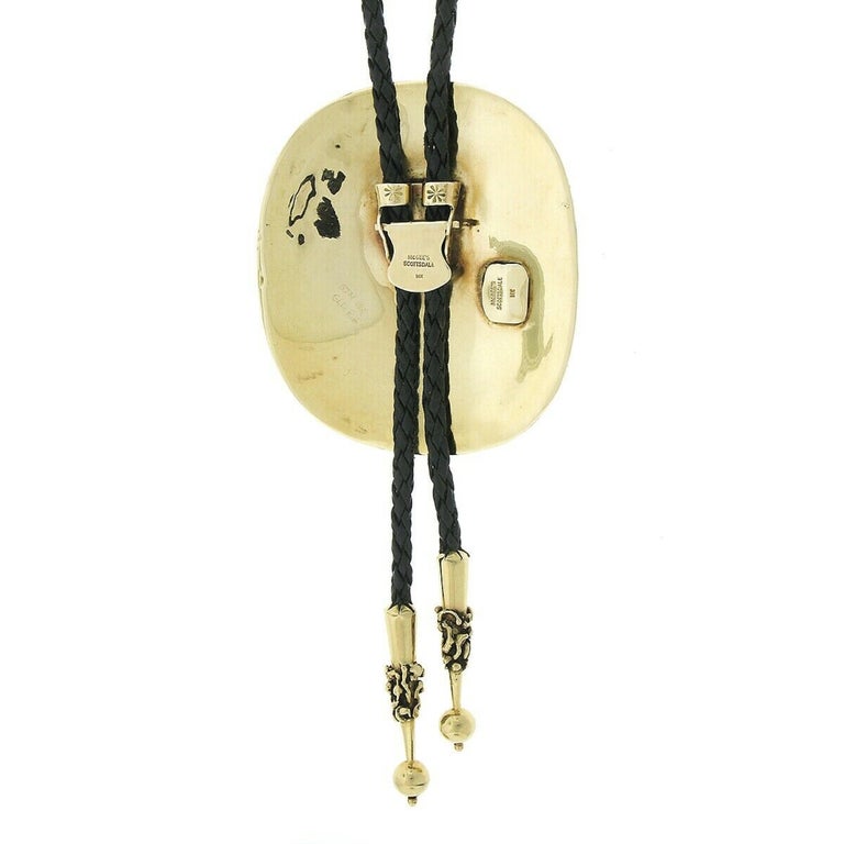 McGees Scottsdale Blue Jay Bird Huge Shell 14k Gold Frame Leather Cord Bolo Tie For Sale at 1stDibs