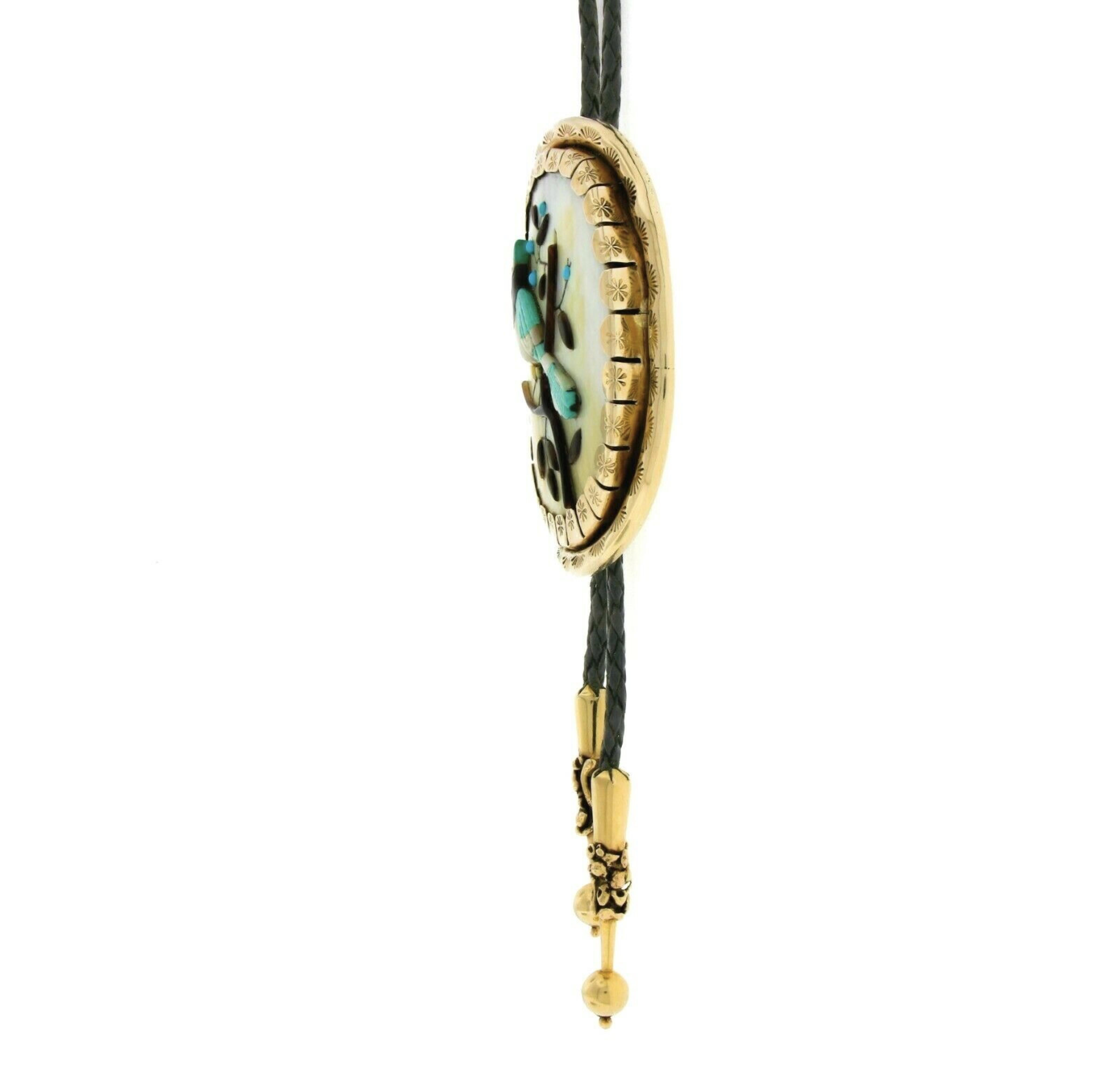 Oval Cut McGees Scottsdale Blue Jay Bird Huge Shell 14k Gold Frame Leather Cord Bolo Tie For Sale