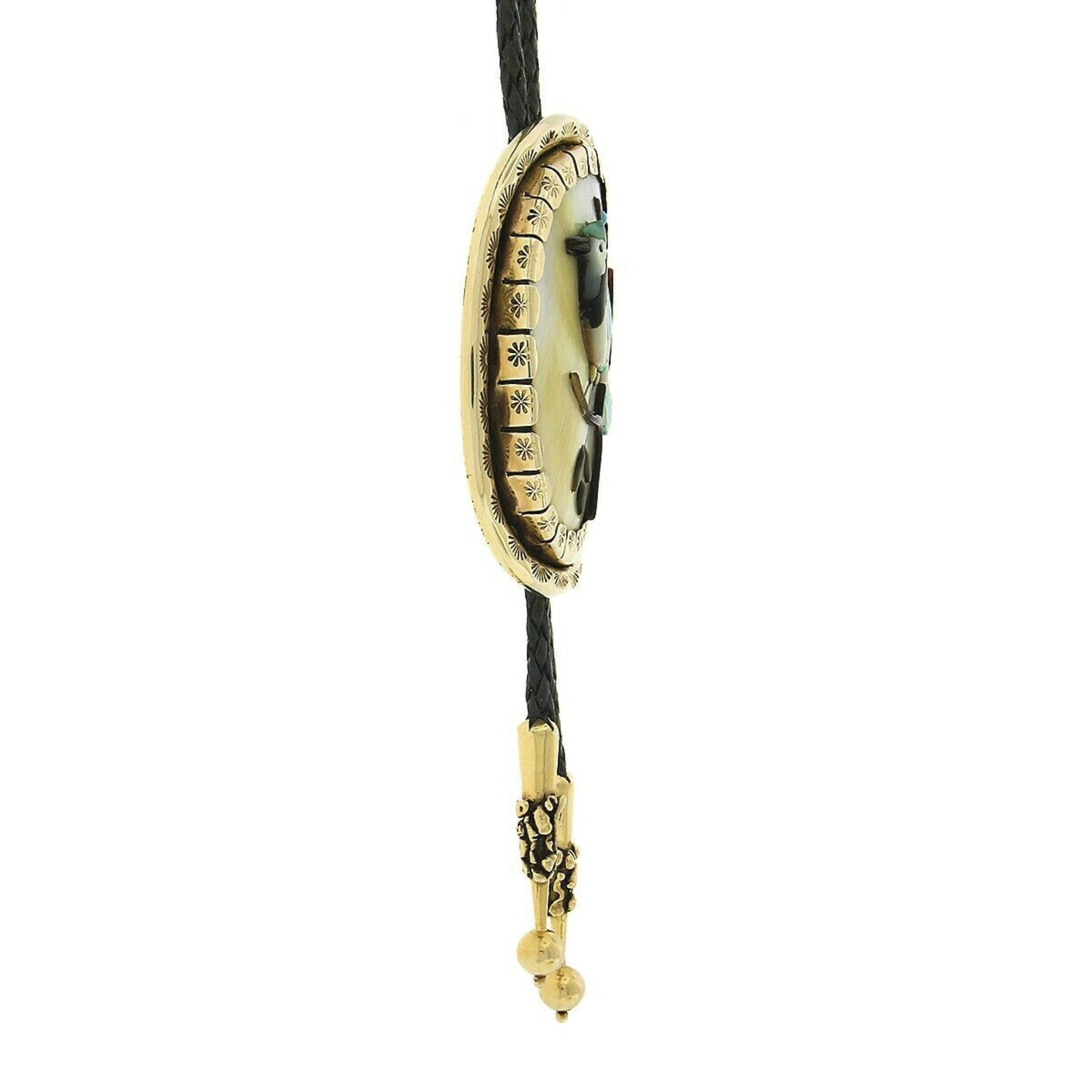 McGees Scottsdale Blue Jay Bird Huge Shell 14k Gold Frame Leather Cord Bolo Tie In Good Condition For Sale In Montclair, NJ
