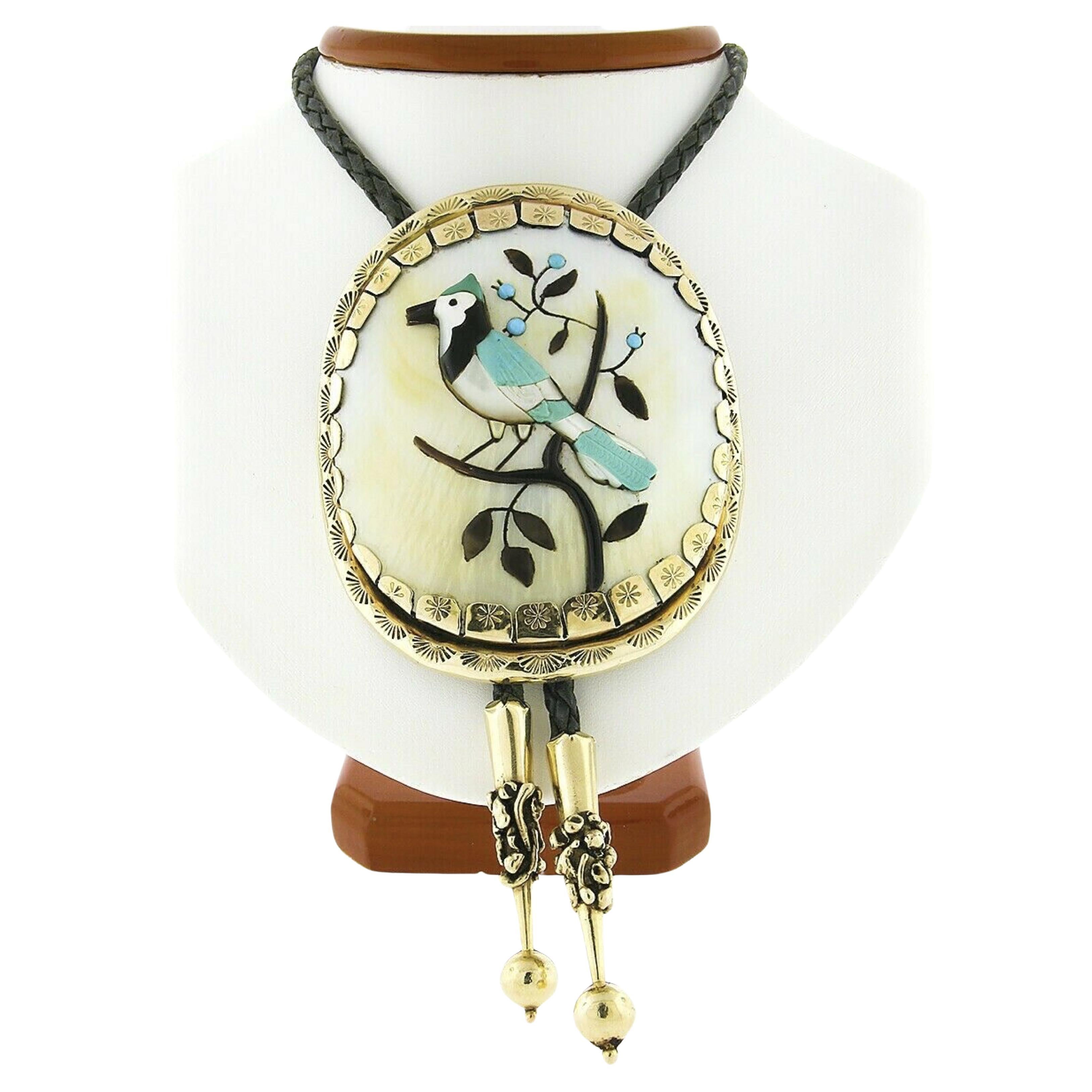 McGees Scottsdale Blue Jay Bird Huge Shell 14k Gold Frame Leather Cord Bolo Tie For Sale