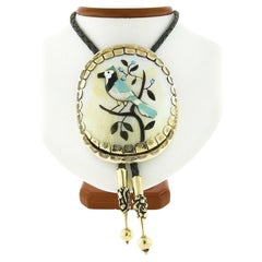 McGees Scottsdale Blue Jay Bird Huge Shell 14k Golding Frame Leather Cord Bolo Tie