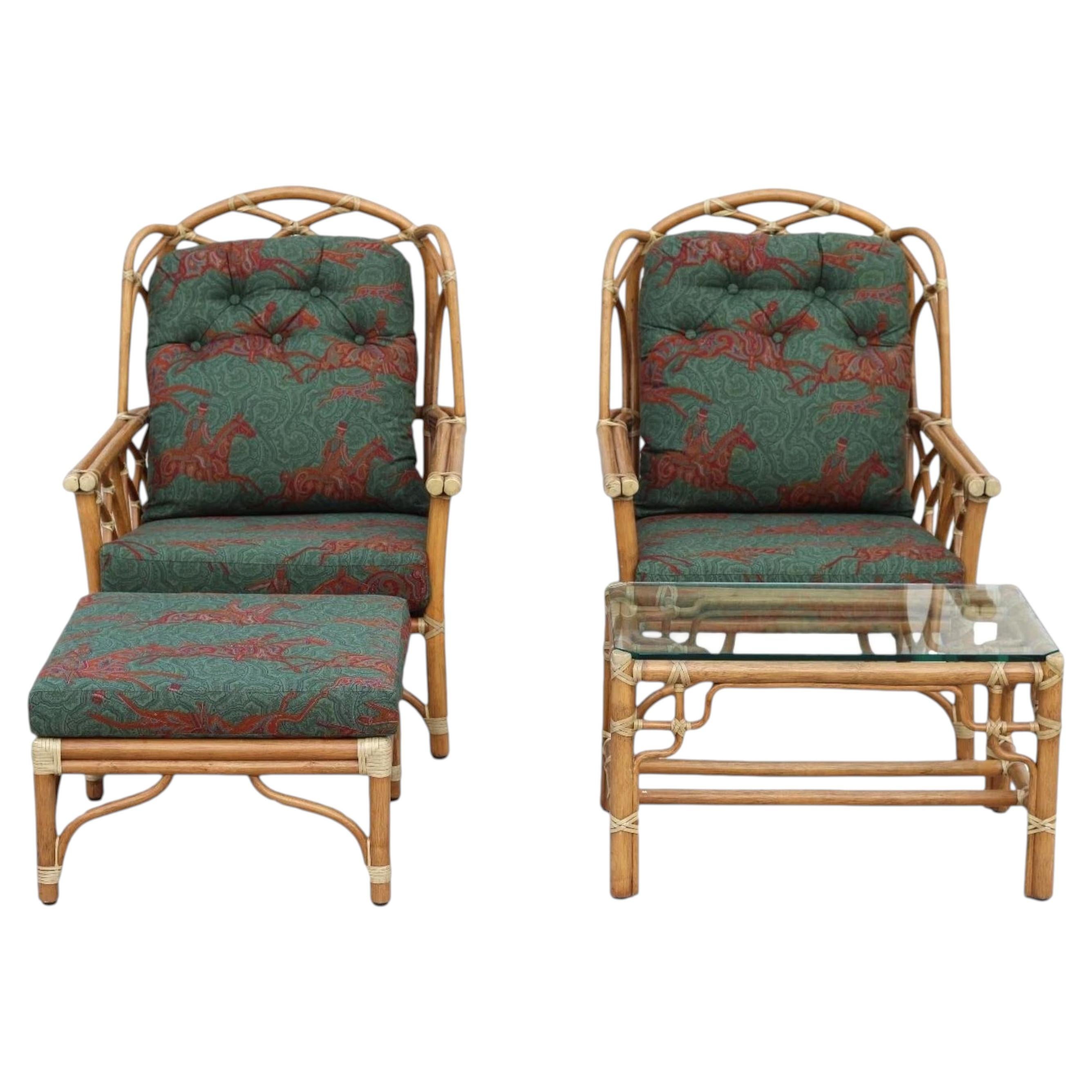 McGuire 4-Piece Set: Pair of Rattan Wing Lounge Chairs, Ottoman and Side Table For Sale