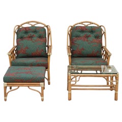 McGuire 4-Piece Set: Pair of Rattan Wing Lounge Chairs, Ottoman and Side Table